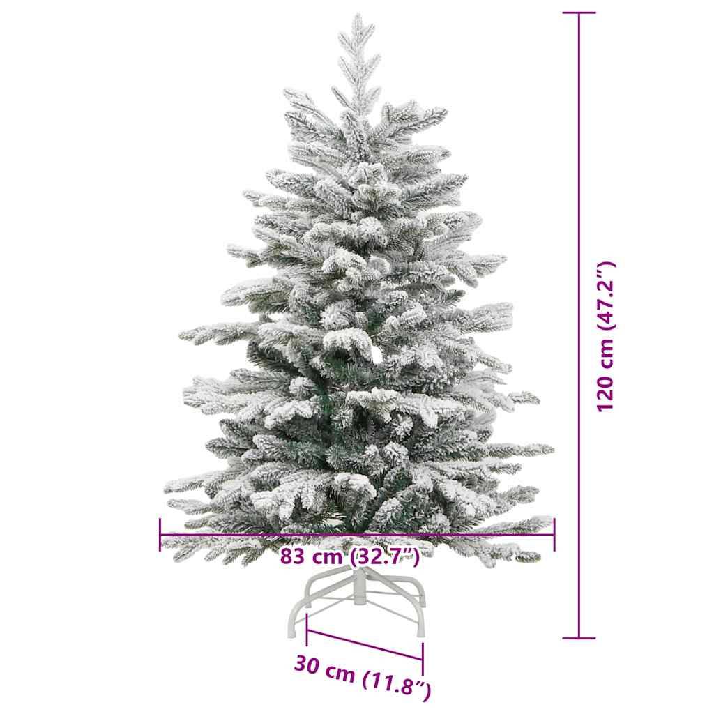 Künstlicher Weihnachtsbaum mit Kunstschnee, 120 cm (47,2 Zoll) hoch, 83 cm (32,7 Zoll) breit und mit einer Basis von 30 cm (11,8 Zoll).