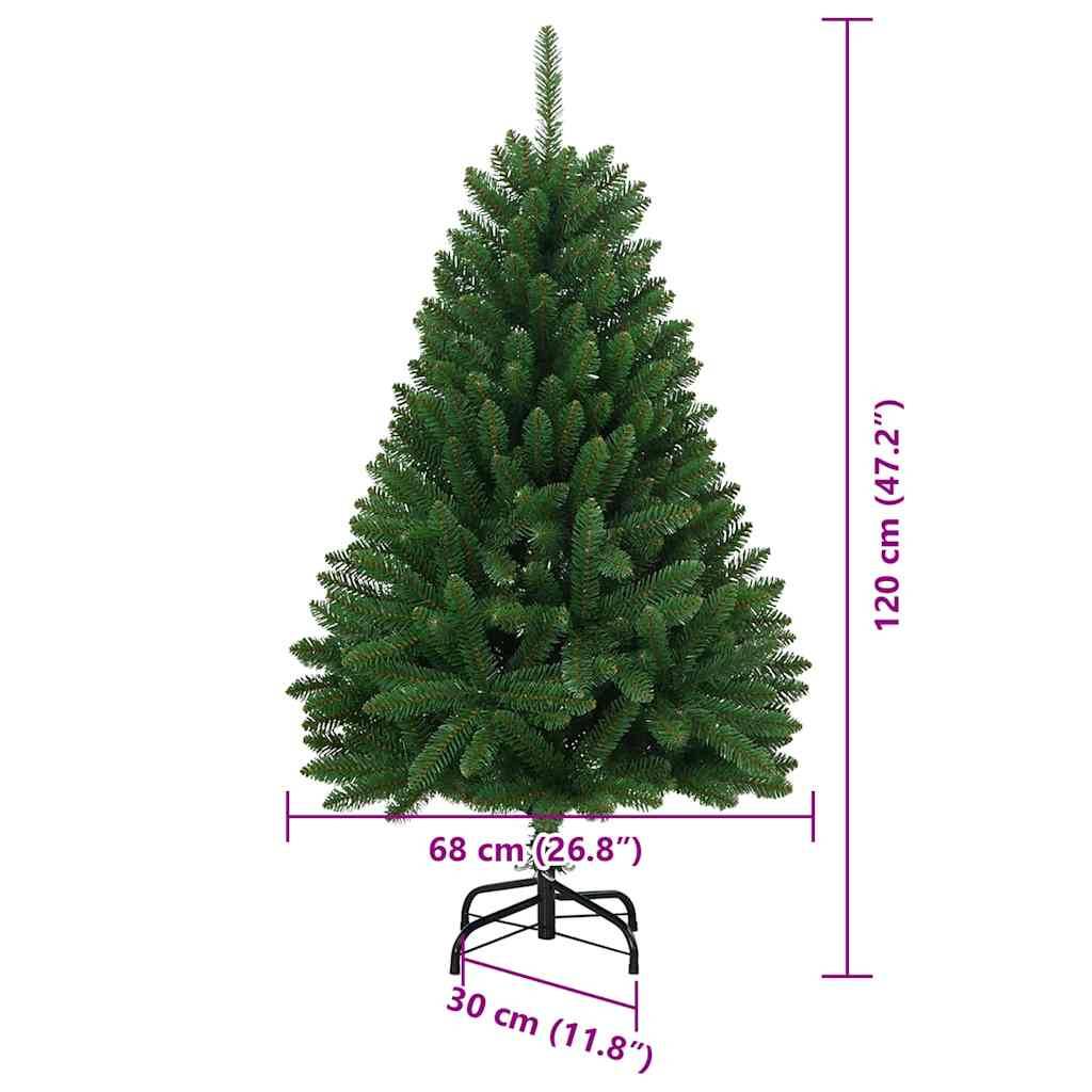 Künstlicher Weihnachtsbaum, 120 cm hoch, mit grünen Ästen, montiert auf einem schwarzen Metallständer. Basisdurchmesser beträgt 68 cm.