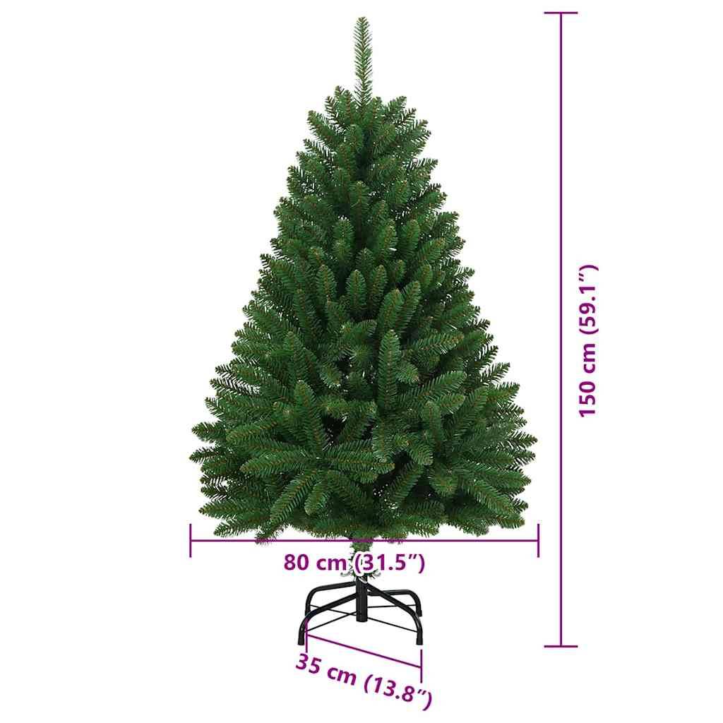 Ein grüner künstlicher Weihnachtsbaum, 150 cm hoch, mit gekennzeichneten Maßen: Basisbreite 80 cm, Ständerbreite 35 cm.