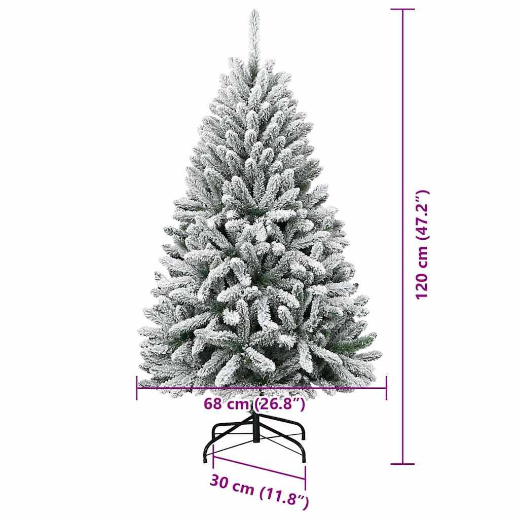 Ein verschneiter künstlicher Weihnachtsbaum mit einer Höhe von 120 cm (47,2 Zoll) und einem Basisdurchmesser von 68 cm (26,8 Zoll).