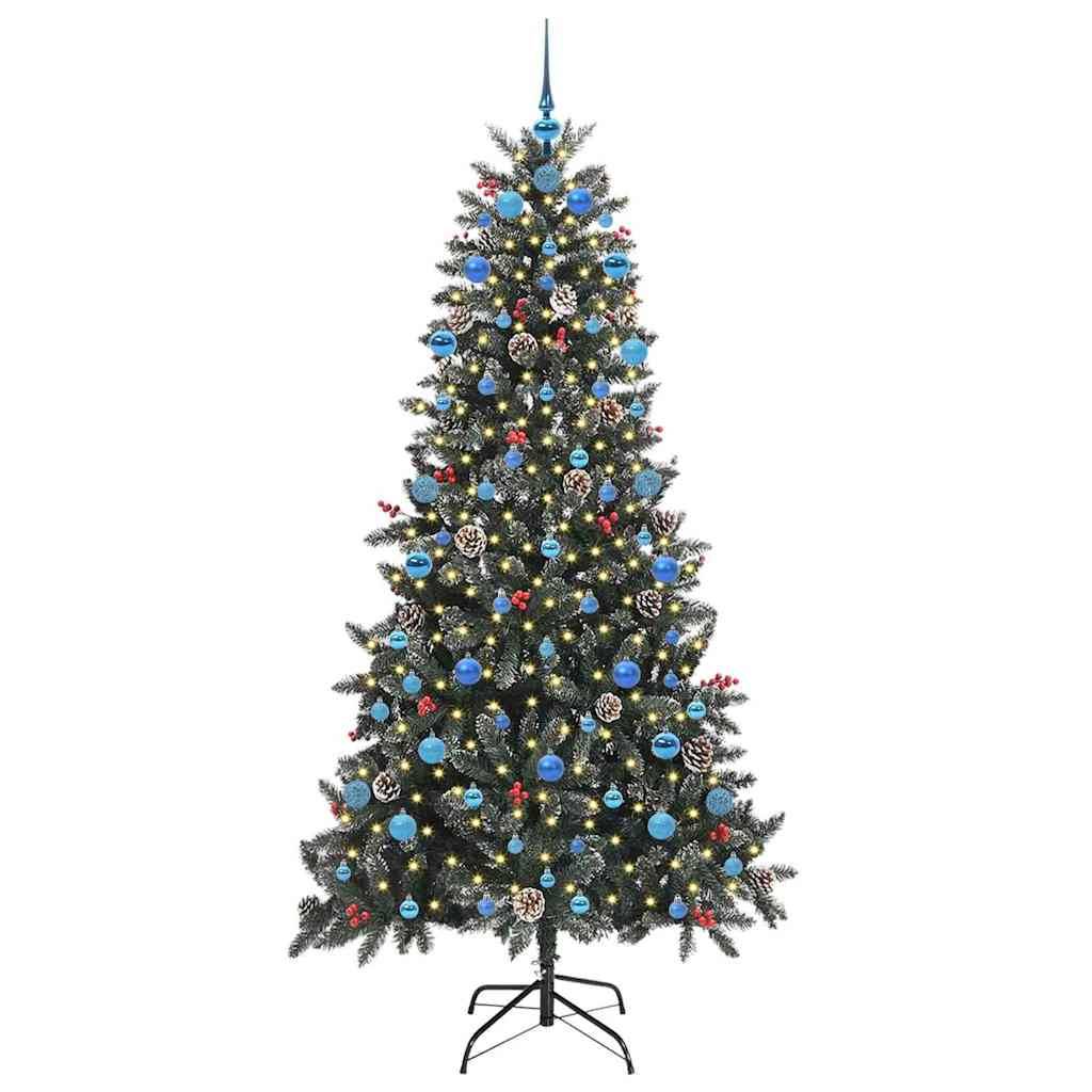 Ein geschmückter Weihnachtsbaum mit blauen Kugeln, weißen Lichtern und einem blauen Stern an der Spitze.
