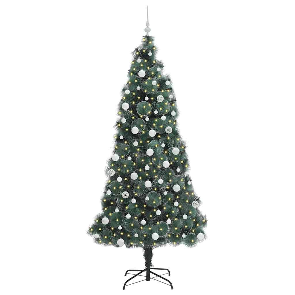 Künstlicher Weihnachtsbaum mit weißen Kugeln und warmem Licht auf einem Ständer, freigestellt auf weißem Hintergrund.