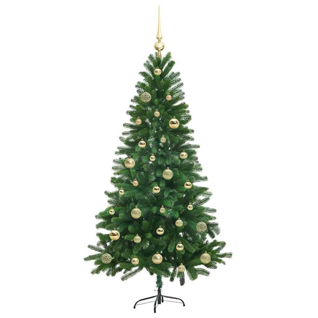 Künstlicher Weihnachtsbaum, geschmückt mit gold- und silberfarbenen Christbaumkugeln, auf einer Metallbasis stehend.
