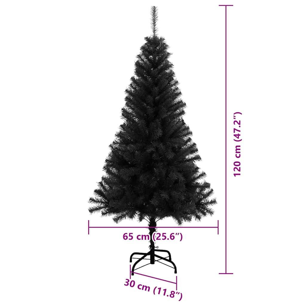 Ein schwarzer künstlicher Weihnachtsbaum wird abgebildet mit Maßangaben. Er ist 120 cm (47,2 Zoll) hoch, 65 cm (25,6 Zoll) breit und hat eine Basisbreite von 30 cm (11,8 Zoll).
