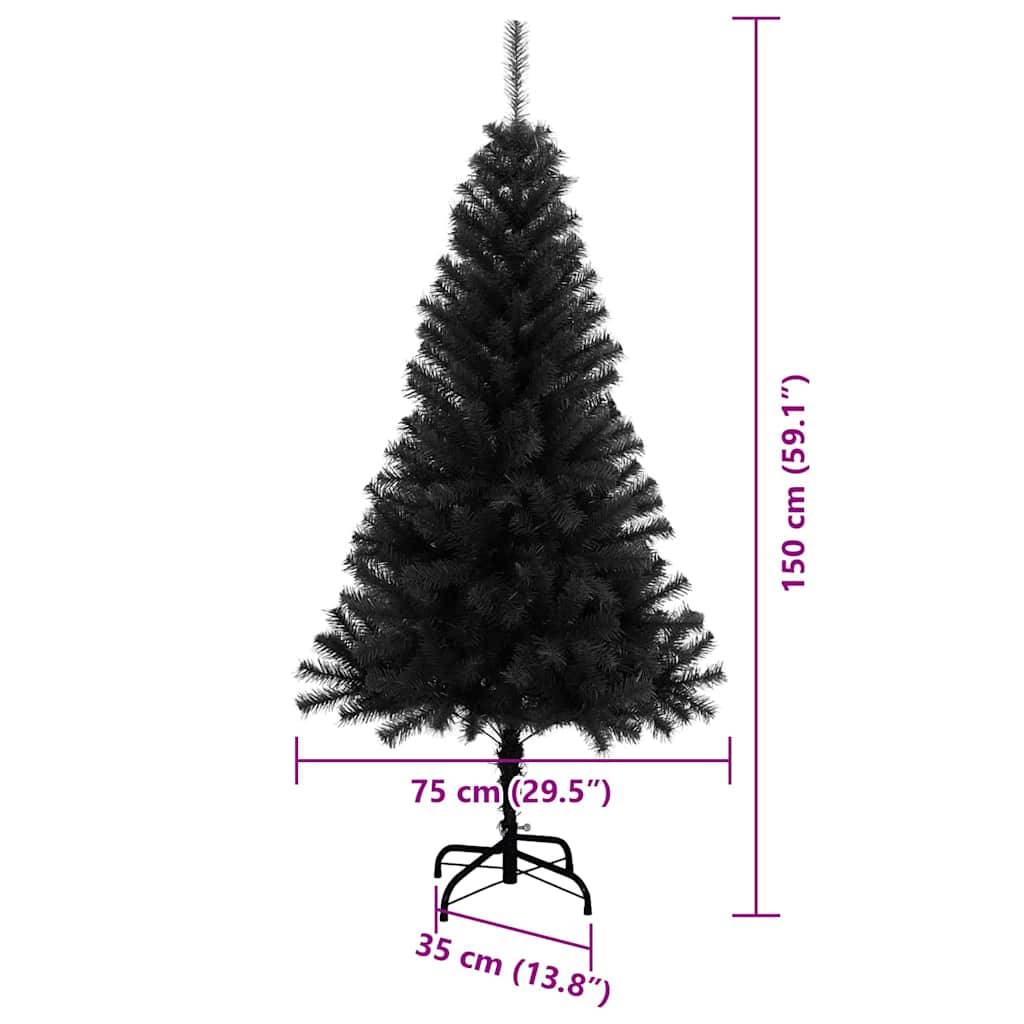 Schwarzer künstlicher Weihnachtsbaum, Höhe 150 cm (59,1"), Basisbreite 75 cm (29,5""), Tiefe 35 cm (13,8""), auf einem Metallständer.