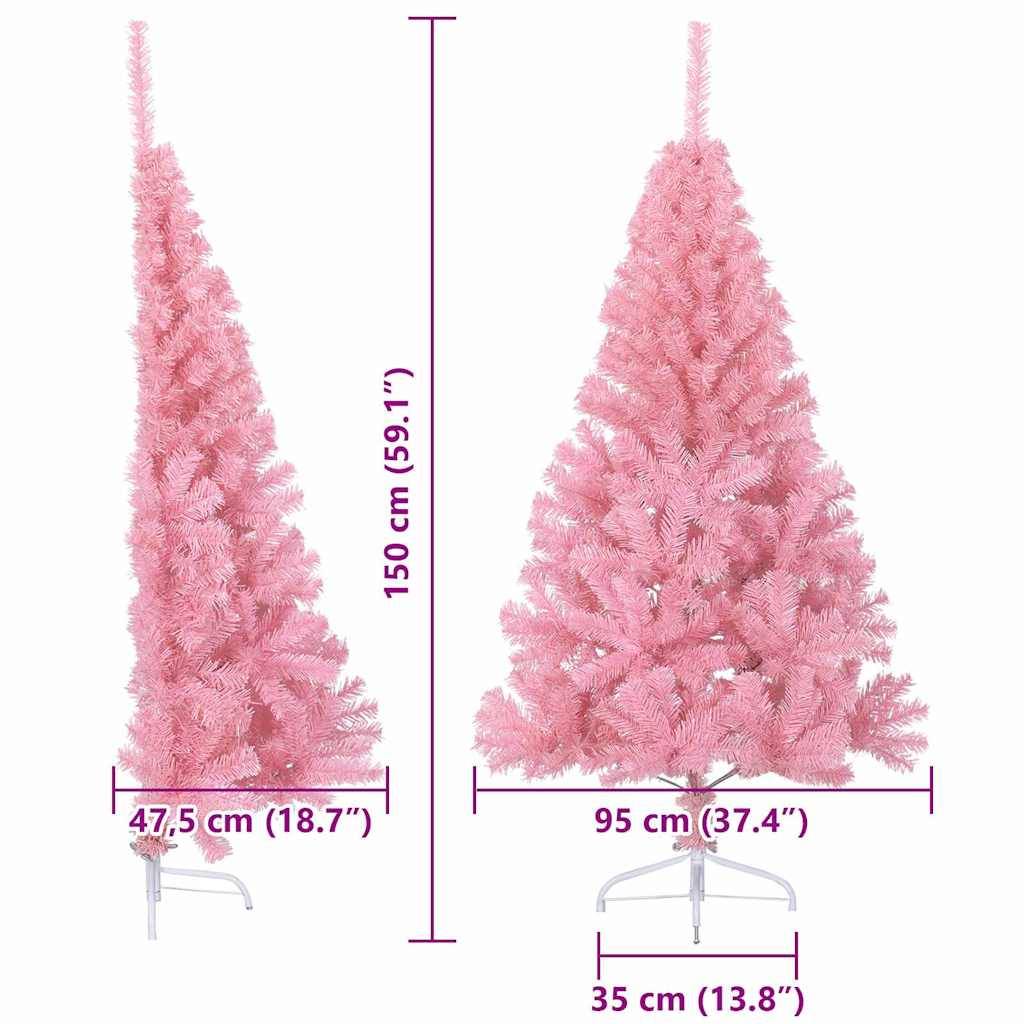 Ein pinker Weihnachtsbaum wird zweimal gezeigt: mit schlankem Profil und ausgebreitet mit erweiterten Ästen. Abmessungen: 150 cm (59,1 in) hoch, Basis 35 cm (13,8 in) oder 47,5 cm (18,7 in), Breite 95 cm (37,4 in).