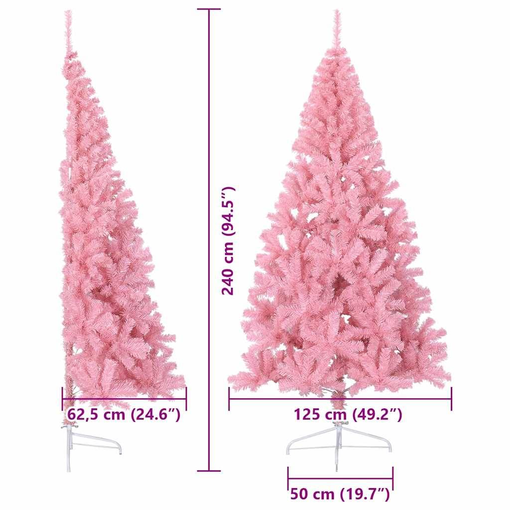 Zwei rosa künstliche Weihnachtsbäume werden gezeigt, einer hoch und schmal, der andere kürzer und voller, mit angegebenen Maßen für Höhe und Basisdurchmesser.