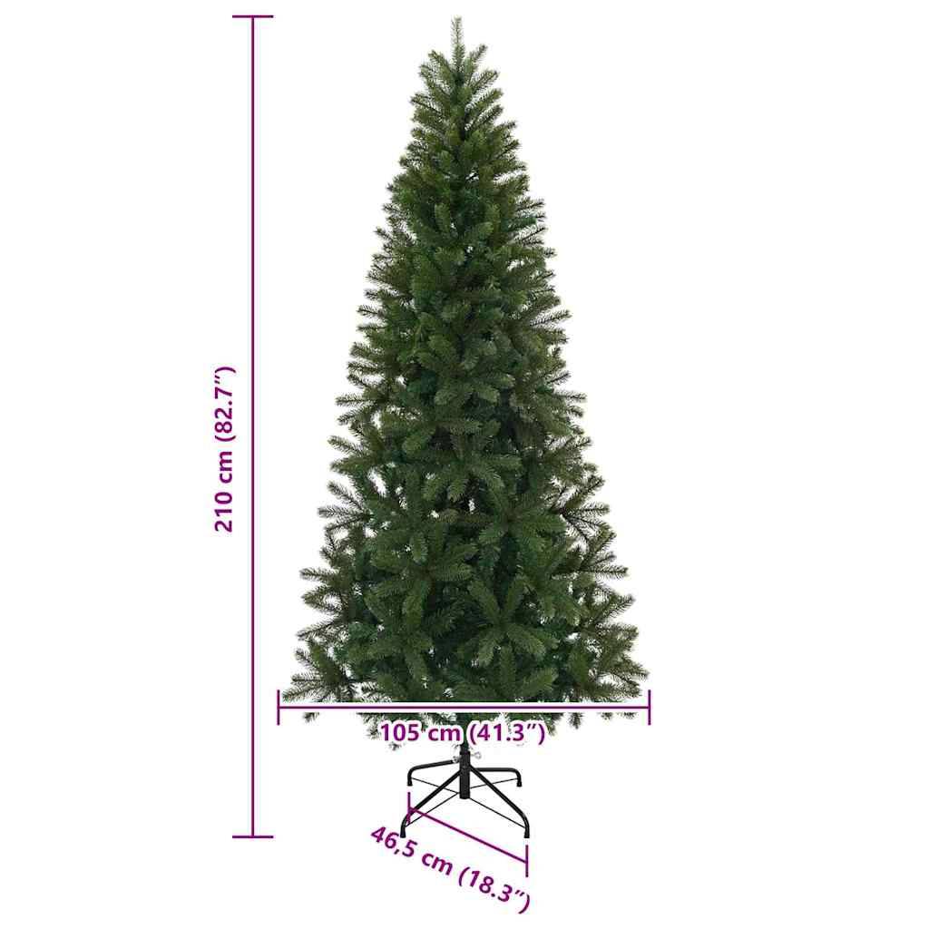 Künstlicher Weihnachtsbaum, 210 cm (82,7 in) hoch, 105 cm (41,3 in) breit, gestützt von einem Ständer mit Maßen von 46,5 cm (18,3 in).