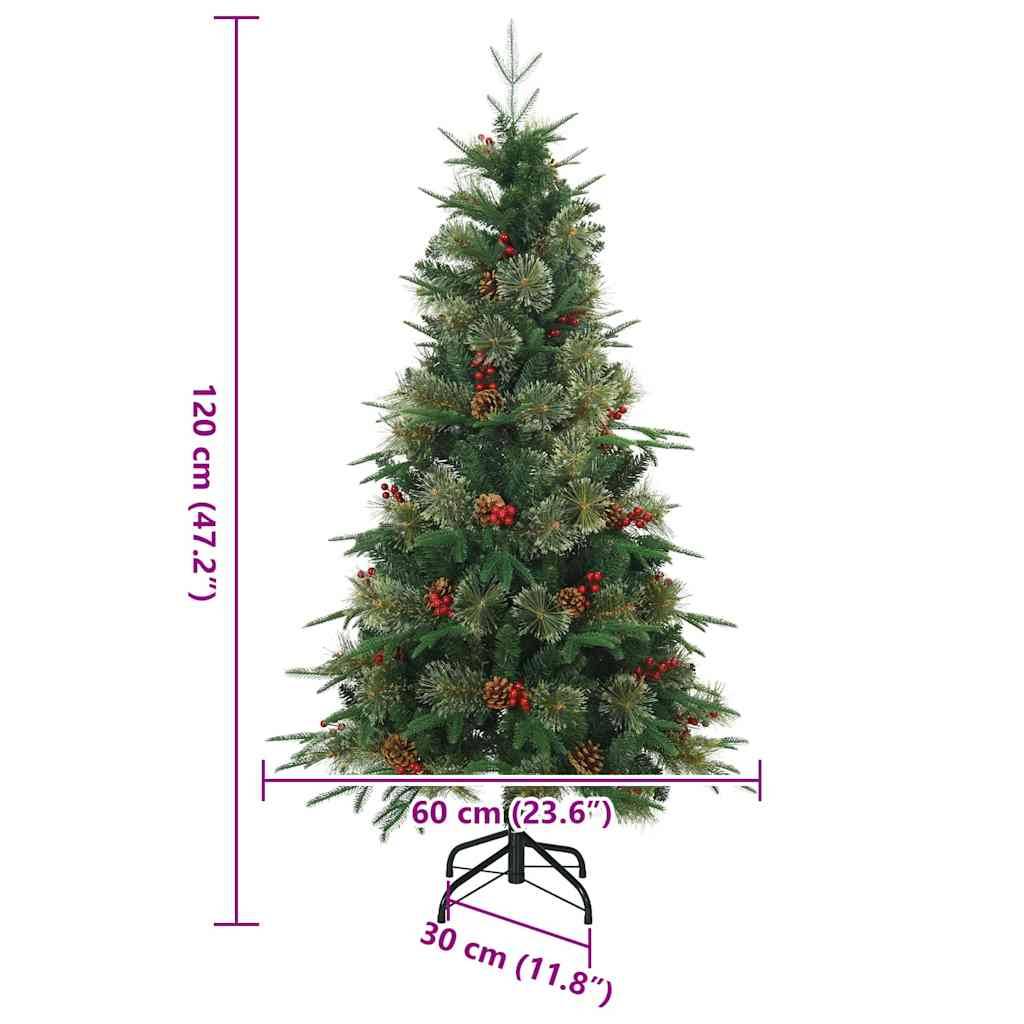 Künstlicher Weihnachtsbaum mit roten Beeren, 120 cm (47,2 Zoll) hoch, 60 cm (23,6 Zoll) breit und mit einer 30 cm (11,8 Zoll) tiefen Basis.
