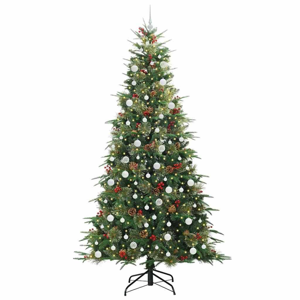 Ein geschmückter Weihnachtsbaum mit weißen und roten Christbaumkugeln und Tannenzapfen, der auf einem Metallständer steht und für die Festsaison bereit ist.