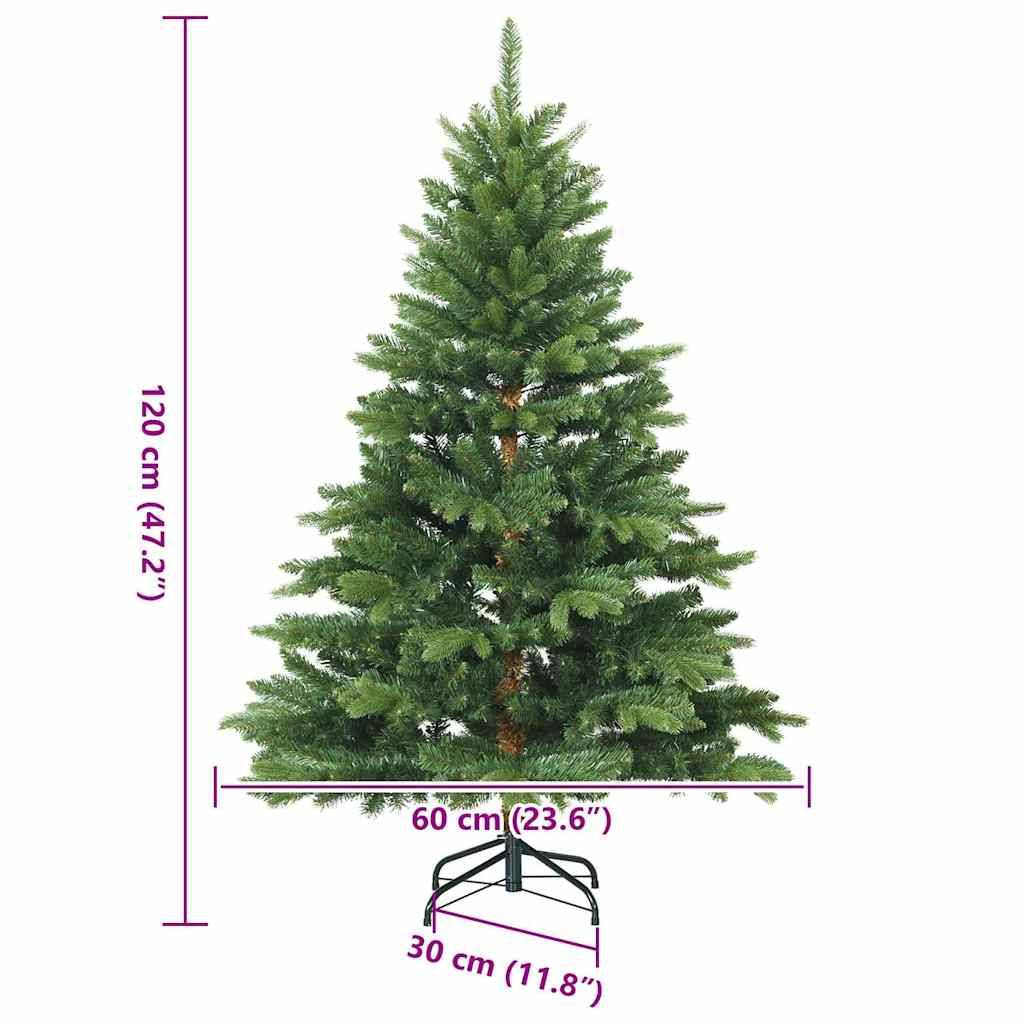 Künstlicher Weihnachtsbaum, 120 cm hoch. Maße angegeben: Basisdurchmesser 60 cm, Ständerbreite 30 cm. Grüne Zweige, Metallständer.