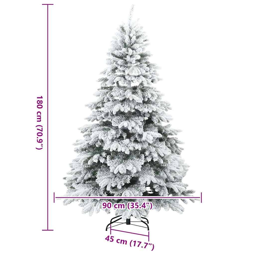 Ein weißer, gefrosteter künstlicher Weihnachtsbaum, 180 cm hoch und 90 cm breit, wird mit einem Metallständer, der 45 cm breit ist, gezeigt.