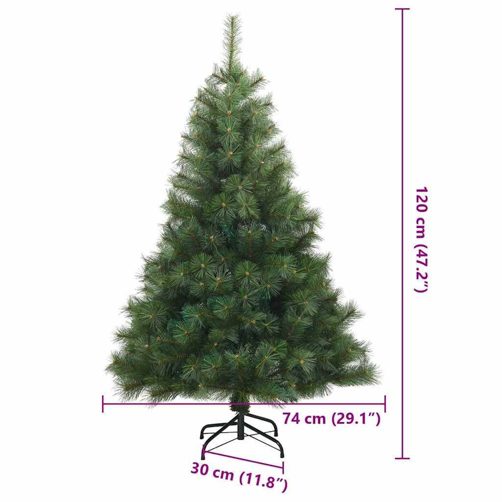 Künstlicher Weihnachtsbaum, 120 cm hoch, mit markierten Abmessungen: Basisbreite 74 cm und Tiefe 30 cm. Aufgestellt auf einem schwarzen Metallständer.