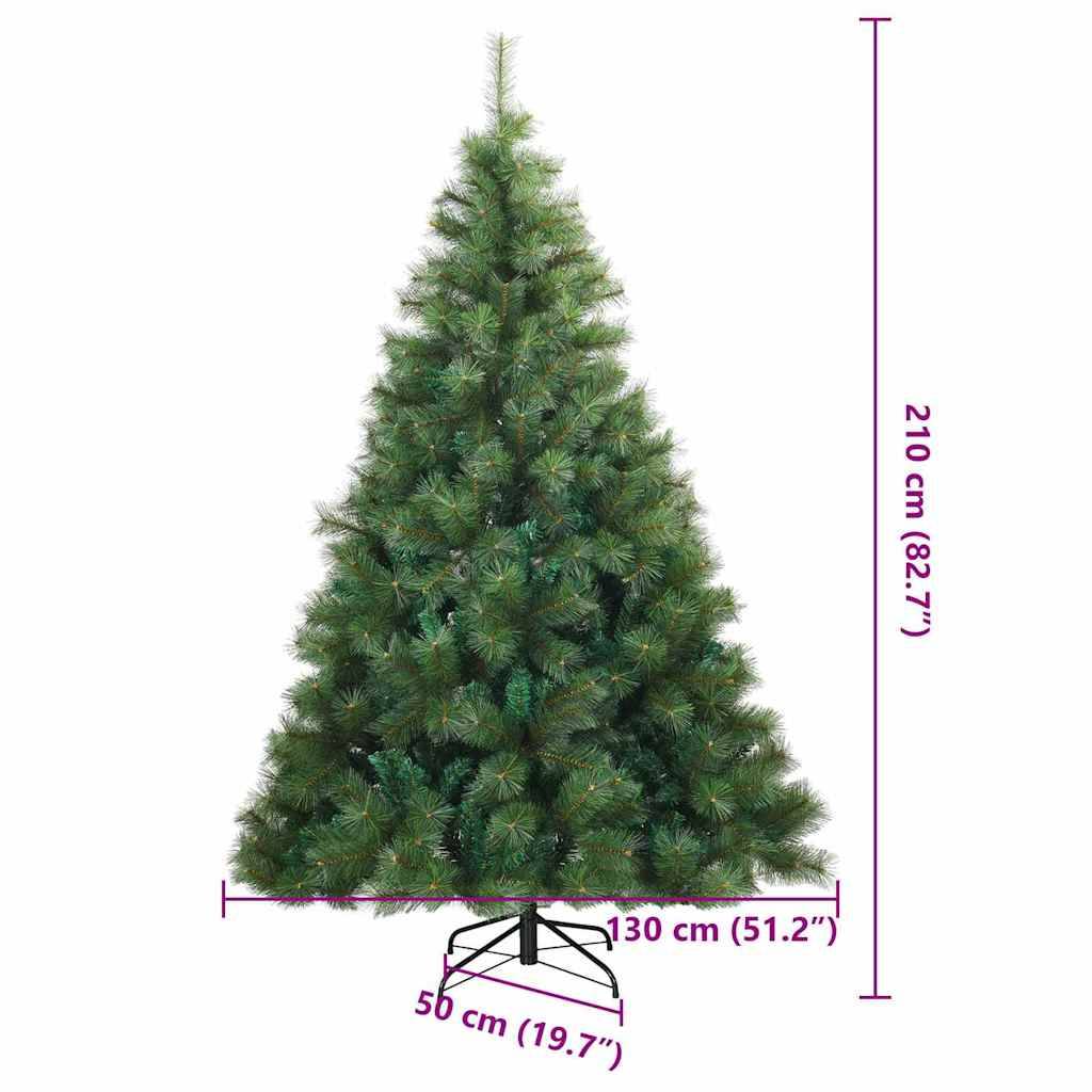Künstlicher Weihnachtsbaum, 210 cm hoch und 130 cm breit. Basis misst 50 cm. Grünes Laub, volle Äste, inklusive Metallständer.