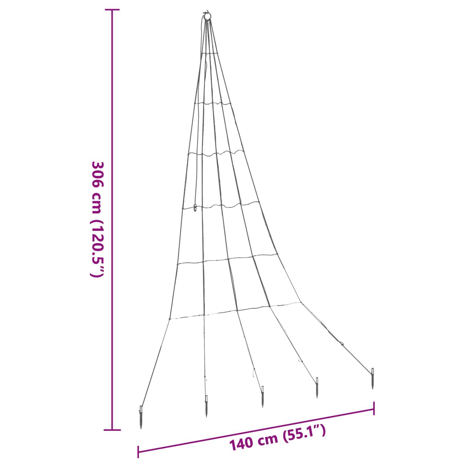 Ein konischer Pflanzstützrahmen mit einer Höhe von 306 cm (120,5 Zoll) und einer Basisbreite von 140 cm (55,1 Zoll).