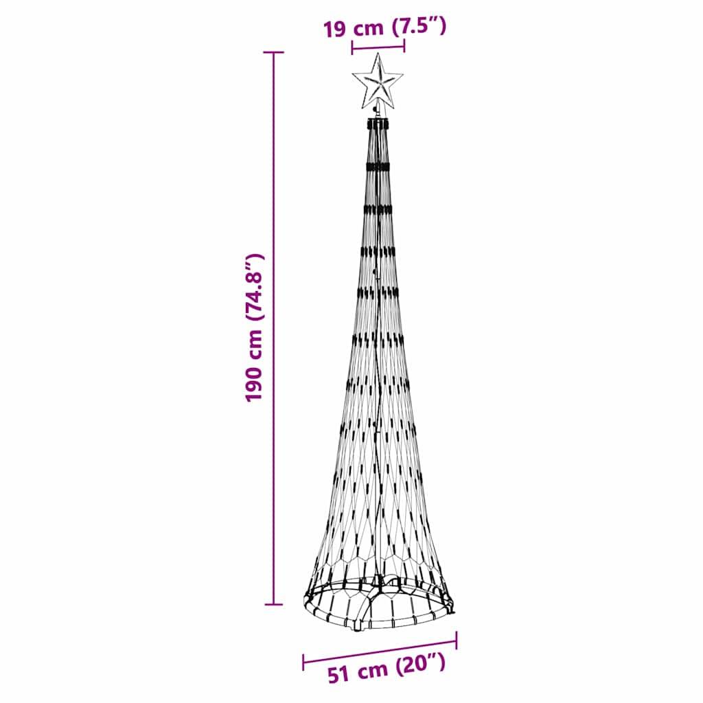 Eine kegelförmige Struktur steht 190 cm hoch mit einem Stern an der Spitze, 19 cm breit. Die Basis misst 51 cm im Durchmesser.