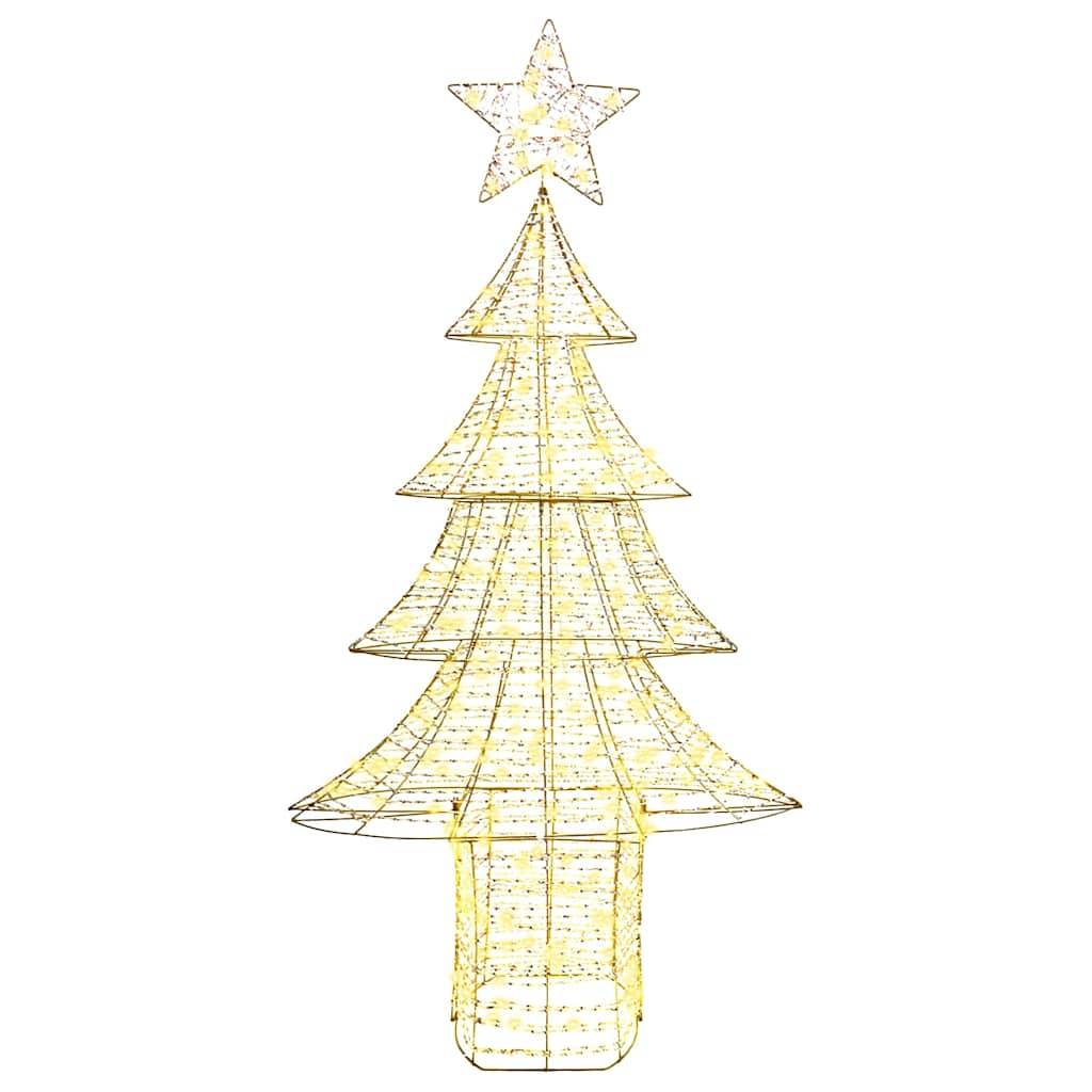 Eine Drahtgitter-Weihnachtsbaumplastik mit einem hell leuchtenden Stern an der Spitze, beleuchtet von weißen und gelben Lichtern vor einem einfarbigen Hintergrund.