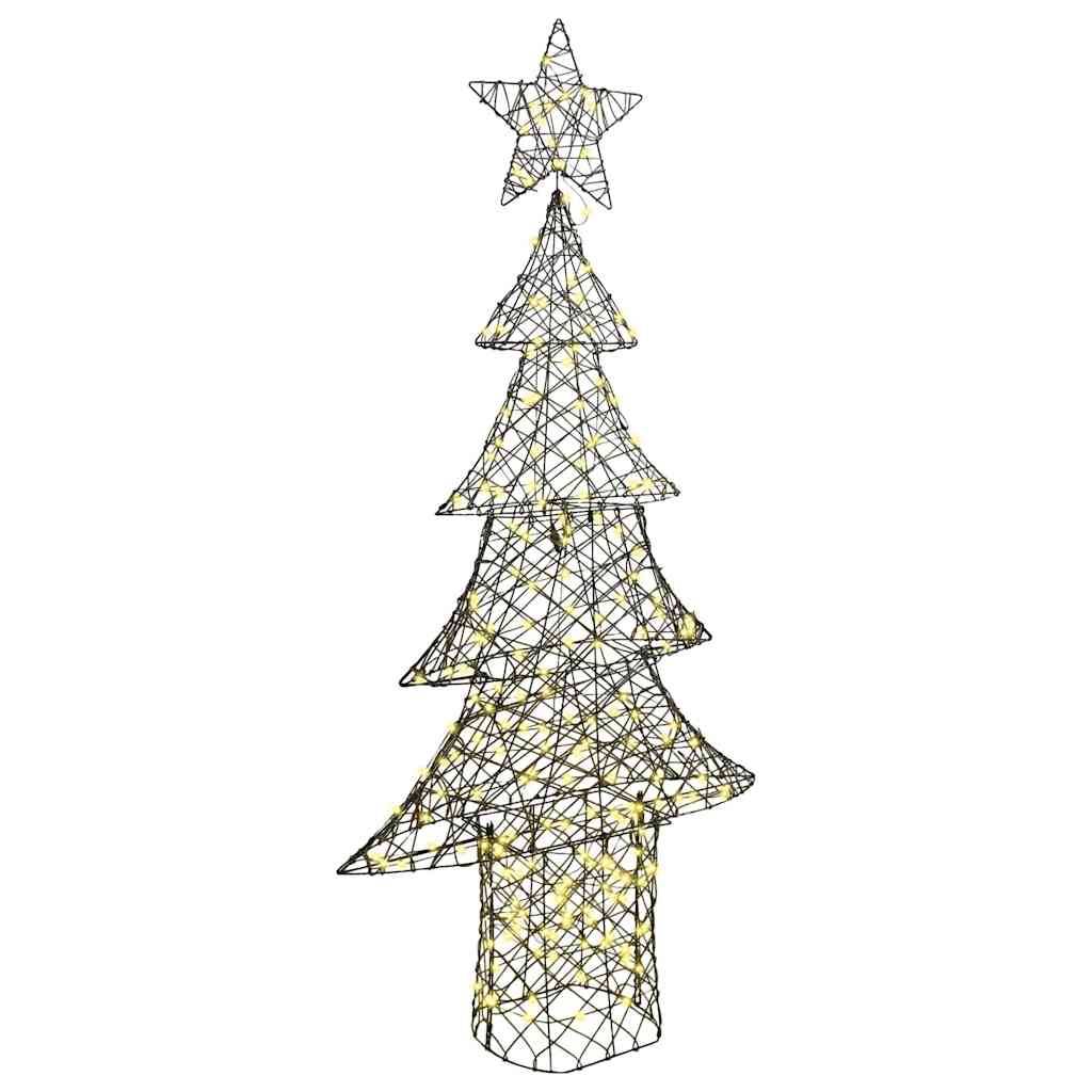 Drahtgitter-Weihnachtsbaum mit Sternenspitze, beleuchtet durch kleine warme gelbe Lichter auf weißem Hintergrund.