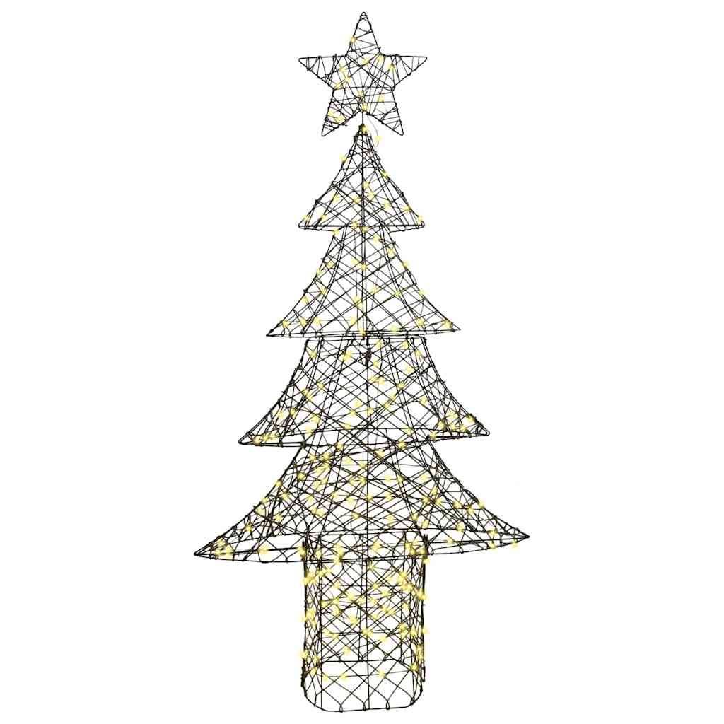 Ein Drahtgerüst-Weihnachtsbaum mit einem Stern oben, mit Lichtern umrissen, vor einem schlichten weißen Hintergrund.