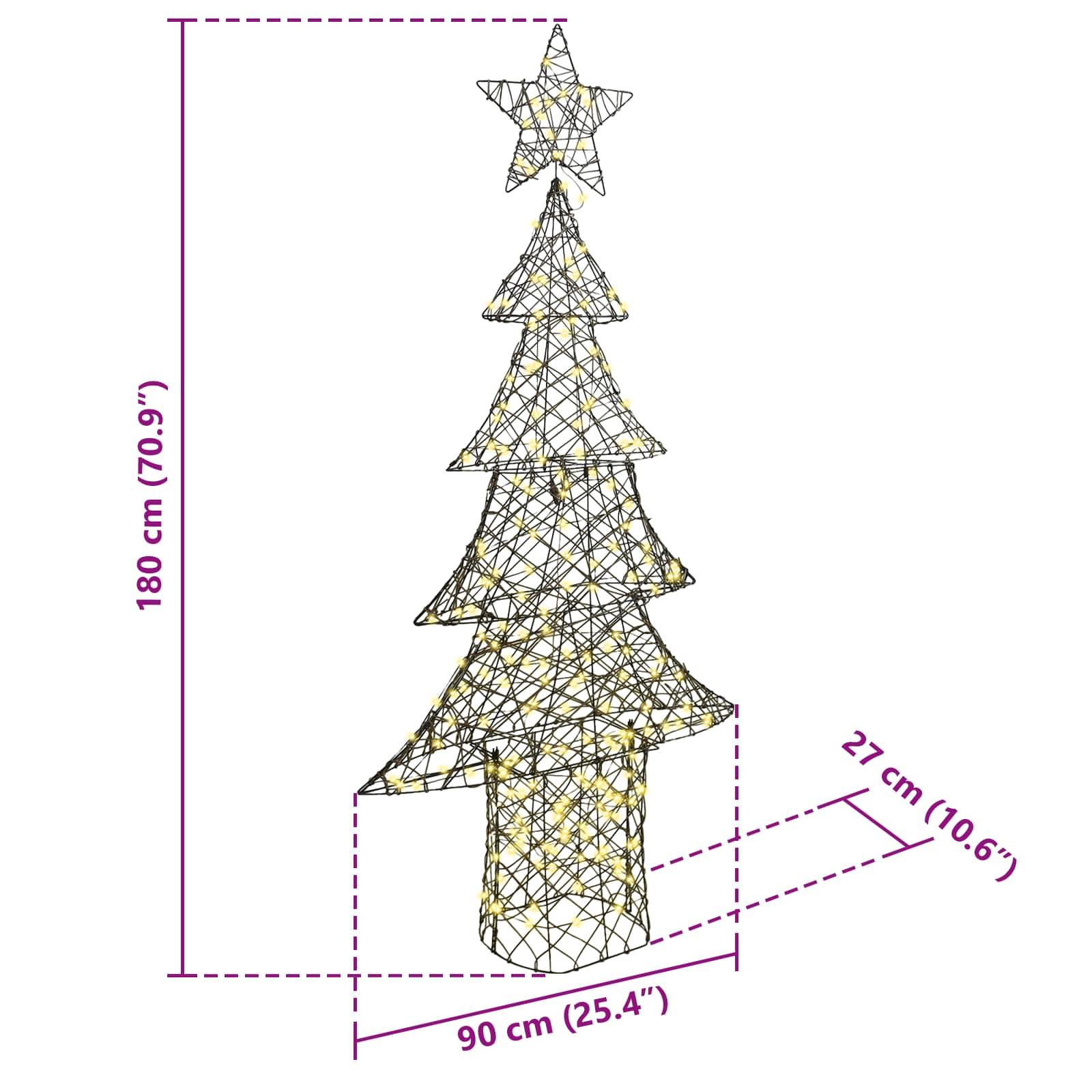 Drahtgitterumriss eines Weihnachtsbaums mit einem Stern an der Spitze, Abmessungen gekennzeichnet: Höhe 180 cm (70,9"), Breite 90 cm (25,4""), Tiefe 27 cm (10,6"").