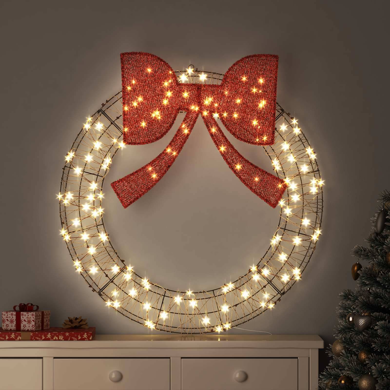 vidaXL Kranz mit 150 LEDs Warmweiß 121 x 121 x 10 cm Rattan