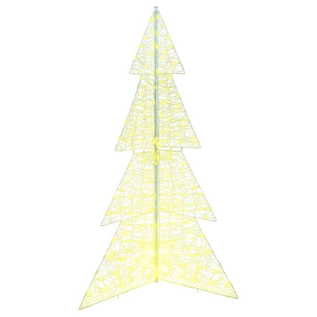 Eine dekorative, minimalistische Weihnachtstanne mit vier dreieckigen Abschnitten, die jeweils mit leuchtend gelben Lichtern umrandet sind, die auf einem weißen Hintergrund steht.