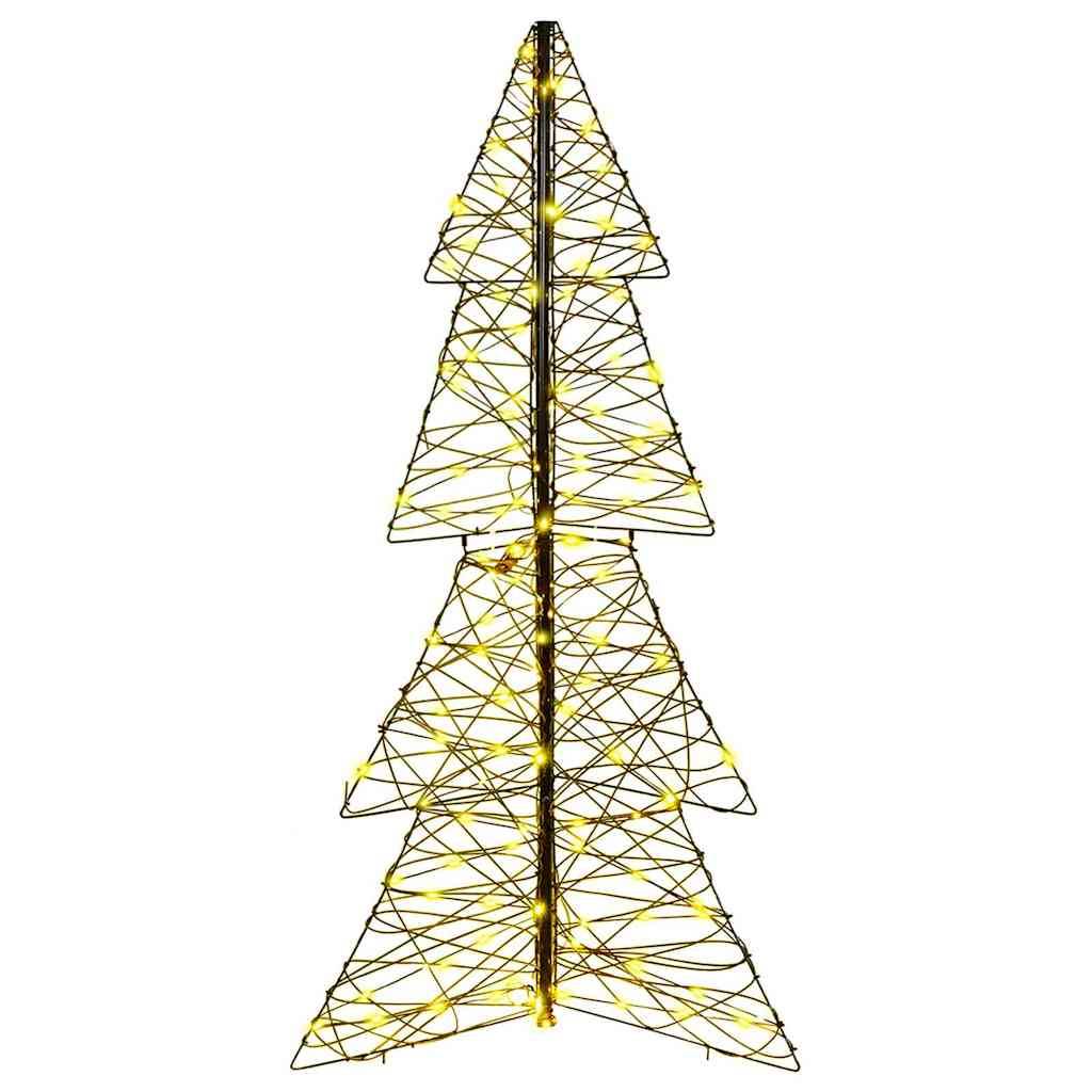 Ein Drahtgerüst-Weihnachtsbaum mit leuchtend gelben Lichtern, die in einer dreieckigen Struktur angeordnet sind und den Umriss eines Baumes nachbilden.