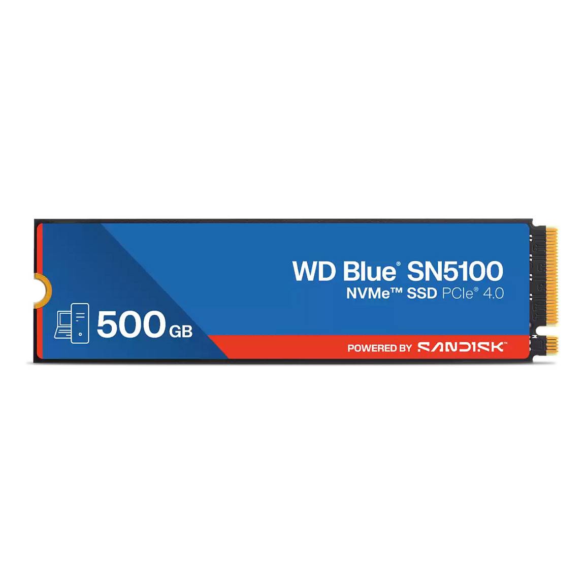 WD Blue SN5100 NVMe SSD PCIe 4.0, 500GB auf einem blauem und roten Produktetikett, das ein elegantes, rechteckiges SSD-Modul mit goldenen Steckern zeigt.