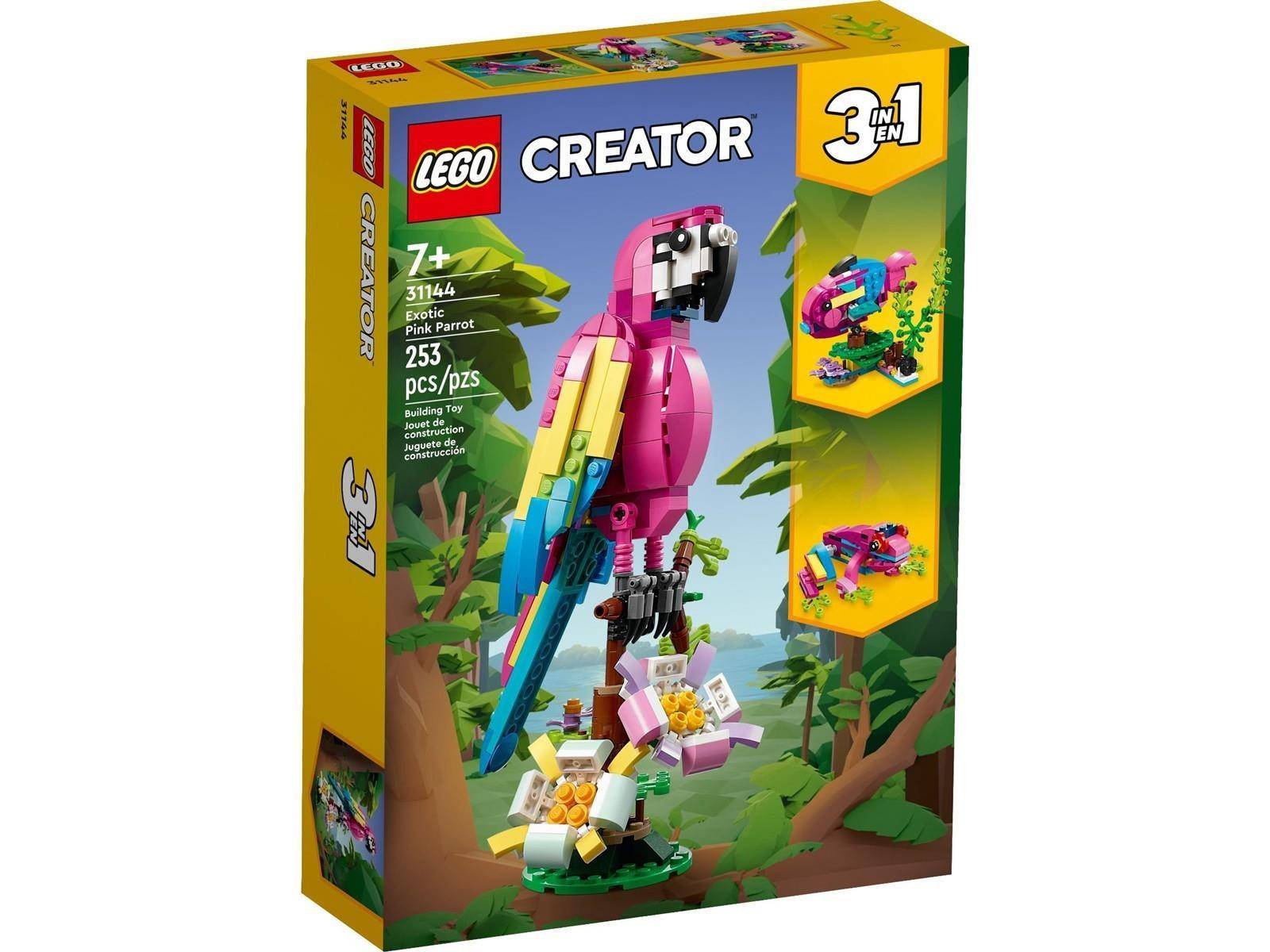 LEGO Creator 3-in-1 Rosafarbener Papagei Bauset Karton, zeigt einen rosafarbenen Papagei mit Blumen und alternative Bauvarianten für ab 7 Jahren