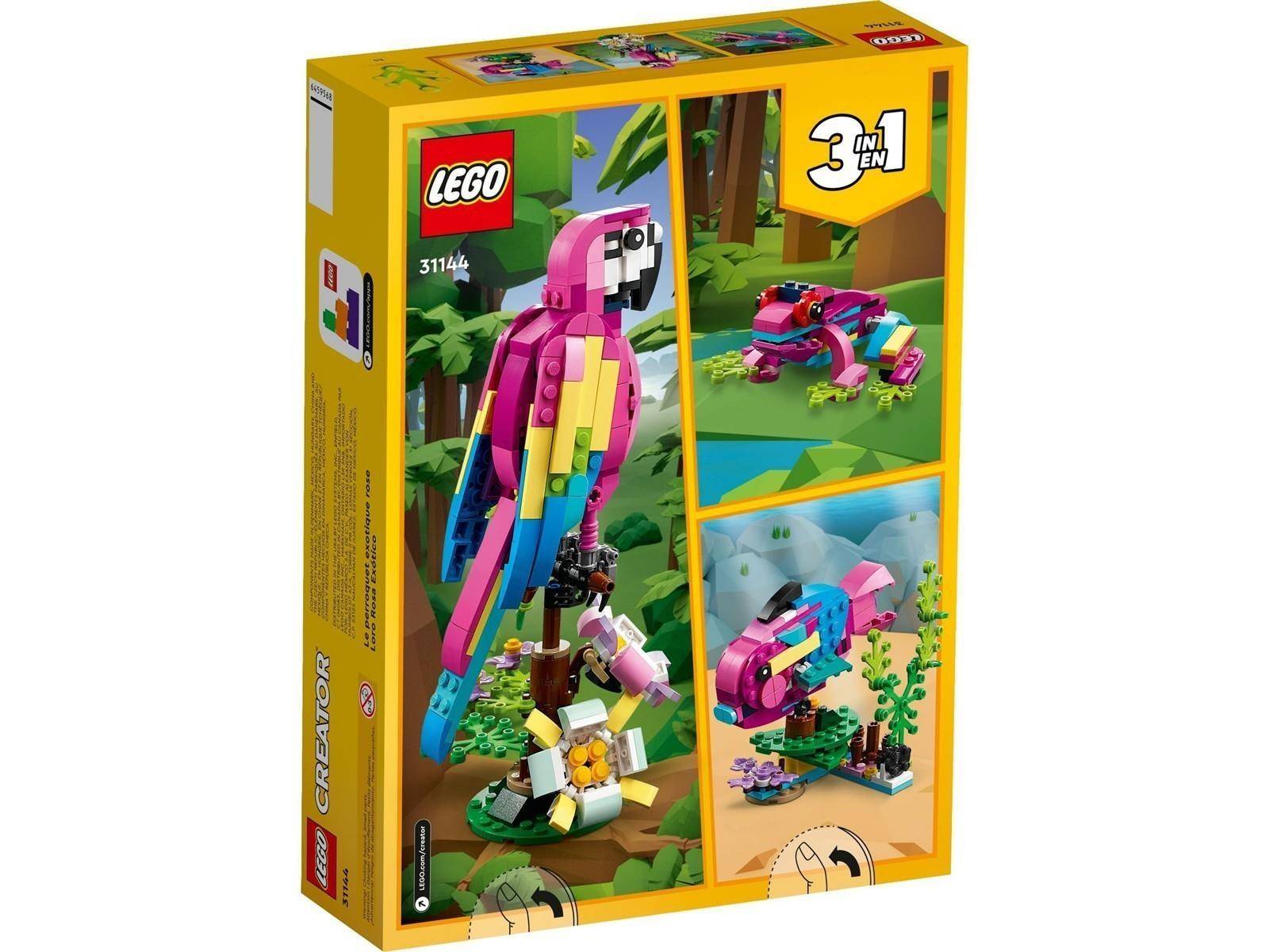 LEGO Creator 3-in-1 Set-Box mit einem farbenfrohen Papageien-Modell und auf der Vorderseite abgebildeten Alternativbauten.