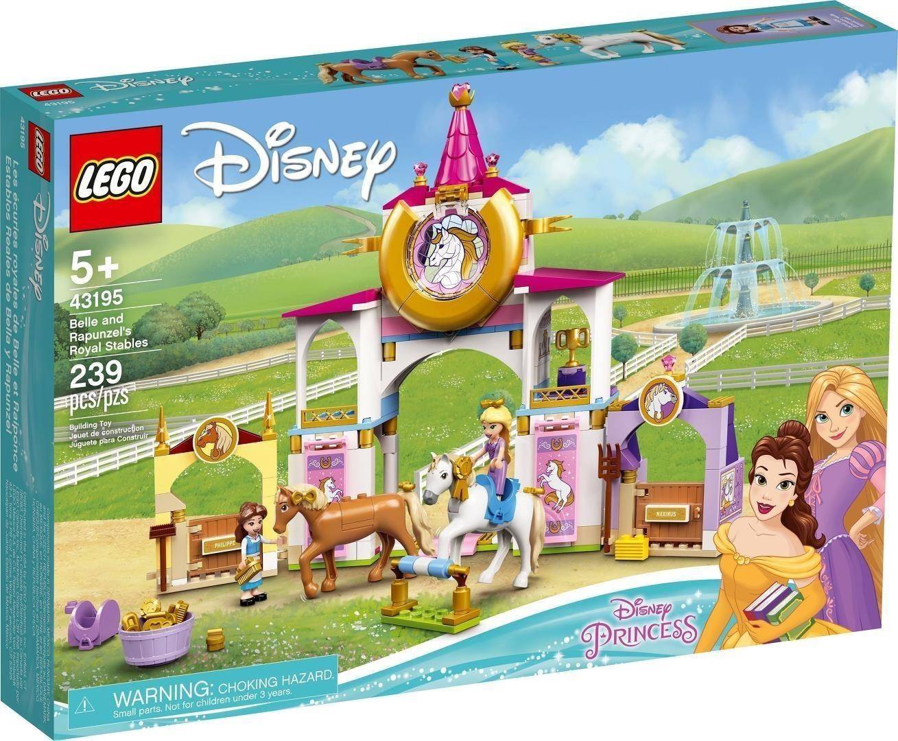 LEGO Disney Princess Belles und Rapunzels Königliche Ställe Bausatzkarton zeigt eine Schlossställe-Szene mit Belle, Rapunzel, Pferden und Princess-Branding.