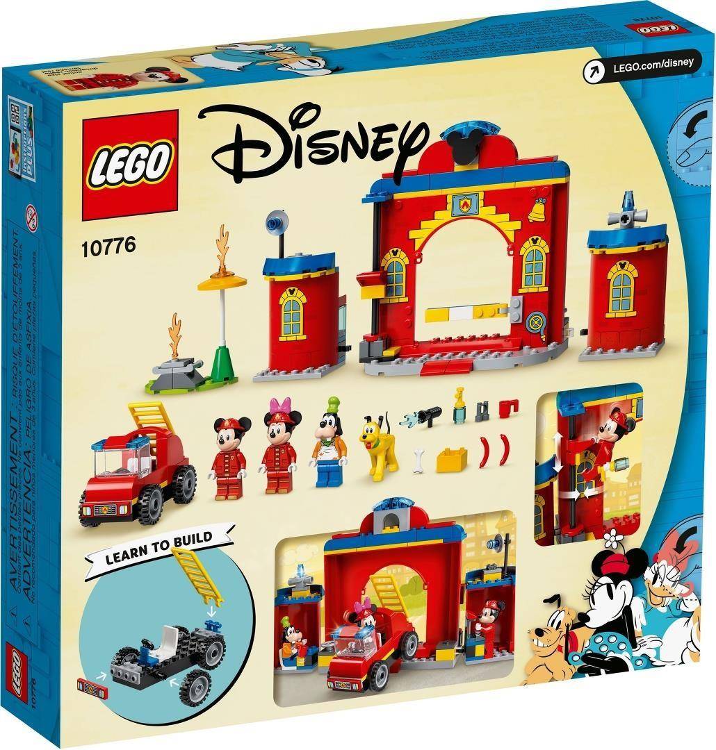 LEGO Disney Set 10776 Schachtelbild zeigt einen Feuerwehrstation-Bau mit Minifiguren, einem Feuerwehrauto und Mickey und Freunde Charakteren.
