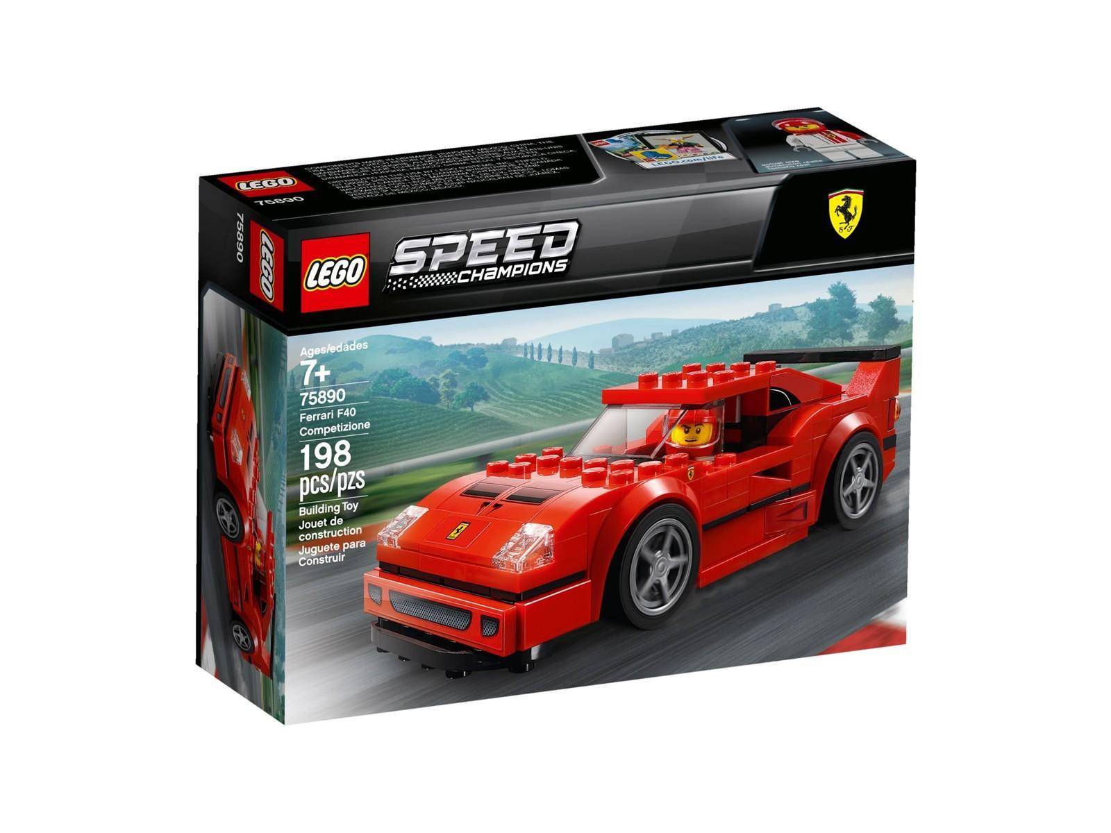LEGO Speed Champions Ferrari F40 Set-Box mit einem roten Ferrari-Rennwagen-Modell, ab 7 Jahren, 198 Teile, mit Ferrari-Logo.