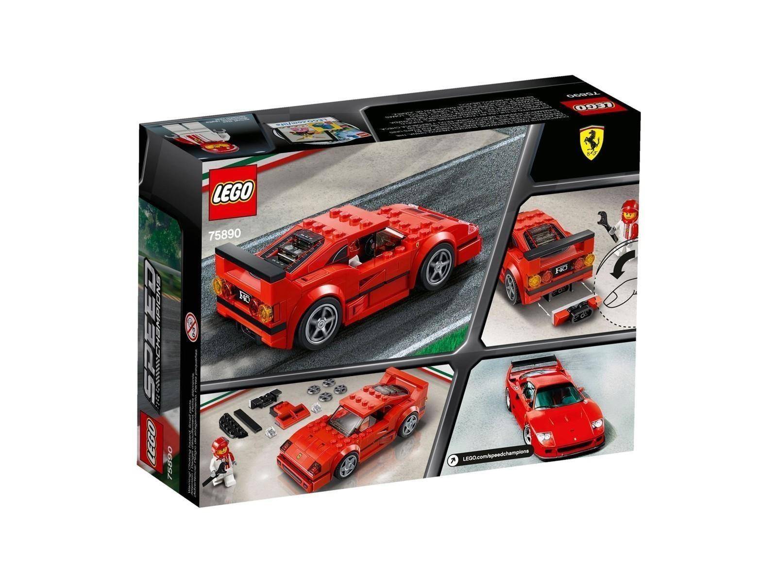 LEGO Ferrari F8 Tributo Bauset mit einem roten Sportwagen-Modell und kleinen Bauszenen auf der Verpackung.