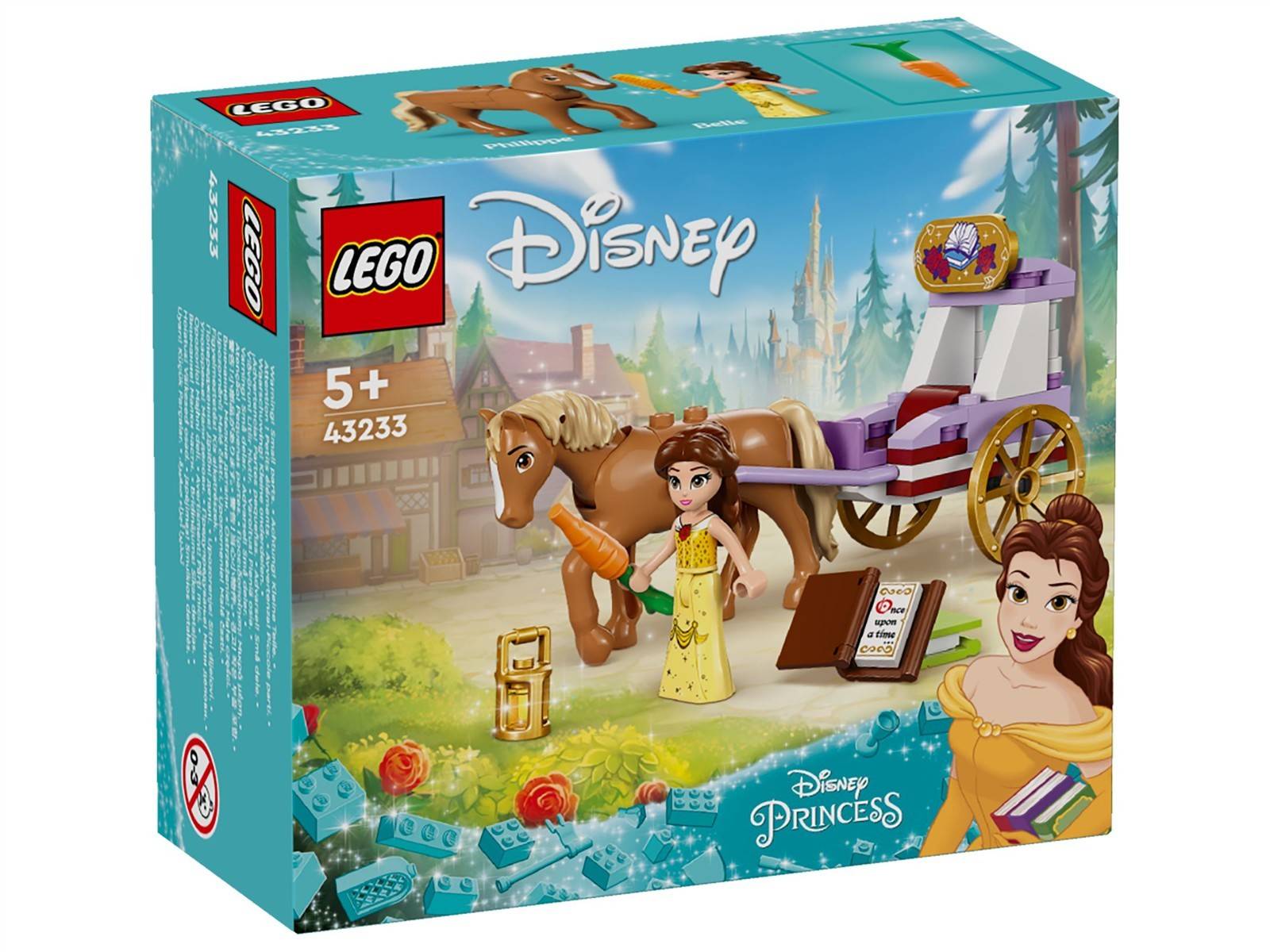 „Lego Disney Princess Set mit Belle, einem Pferd, einer Kutsche, einer Laterne und einem Buch, empfohlen für Alter 5 und älter. Set-Nummer 43233.