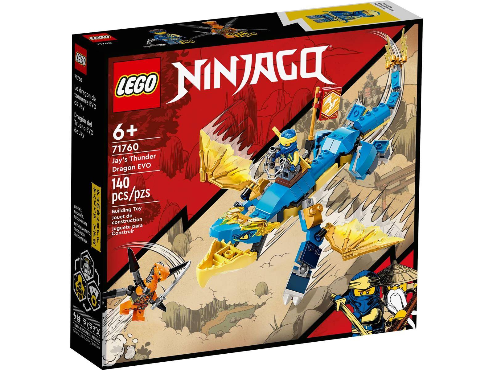 LEGO Ninjago 'Jays Donner-Drache EVO' Set. Enthält blauen Drachen mit Reiter und Zubehör. Umfasst 140 Teile für Kinder ab 6 Jahren.
