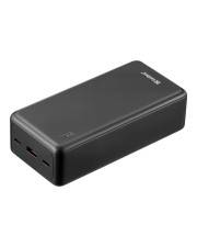 Schwarze rechteckige Powerbank mit USB-Anschlüssen an einem Ende