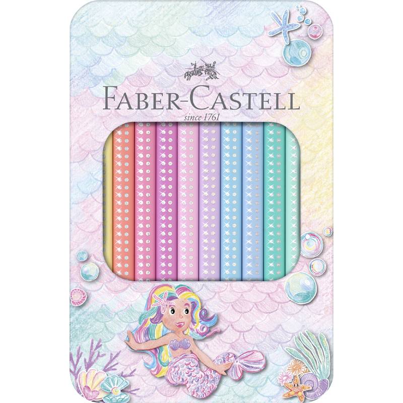Farbenfrohe 'Faber-Castell' Buntstiftbox mit einer Meerjungfrau-Illustration, Seesternen und meeresThematischen Dekorationen.