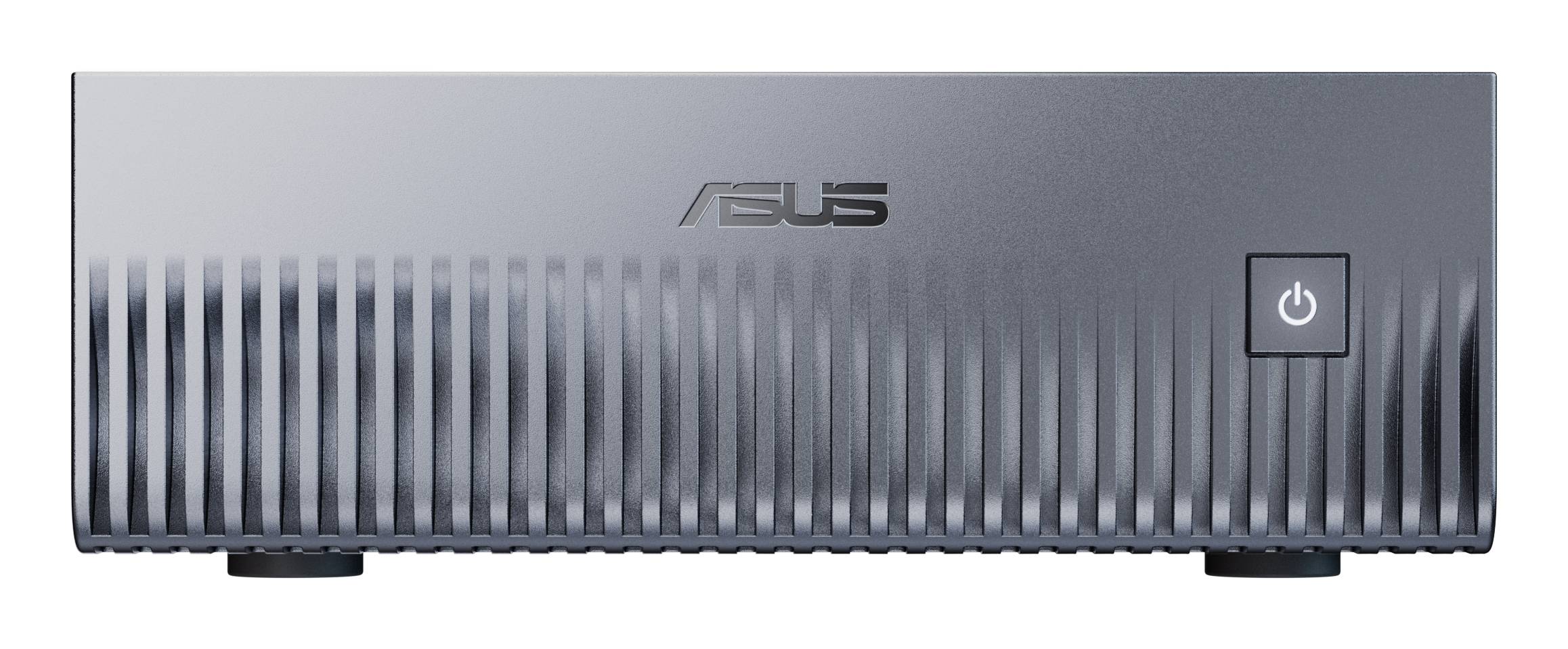 Ein silbernes Asus-Elektronikgerät mit einer strukturierten, gerippten Oberfläche, auf dem oben das Asus-Logo zu sehen ist.