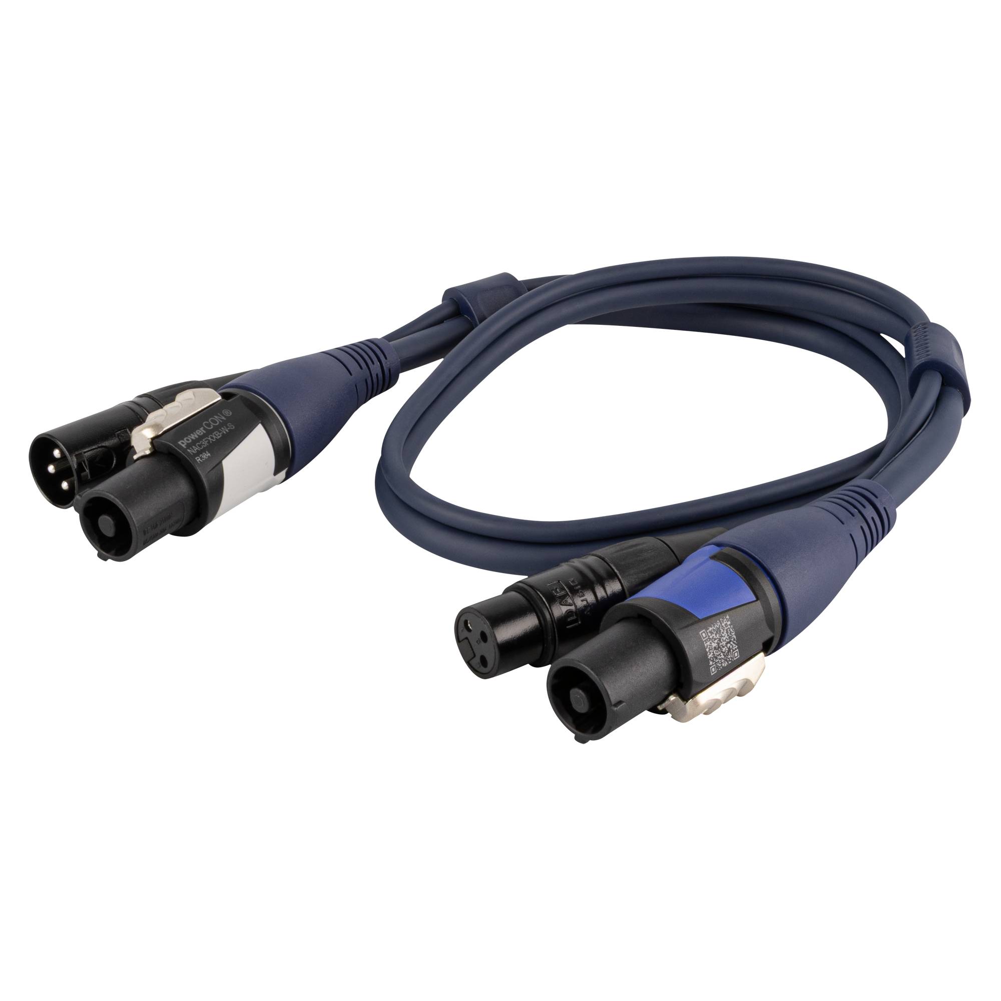 Ein blaues Audiokabel mit männlichen und weiblichen XLR-Steckern an beiden Enden, das für Verbindungen von professioneller Audioausrüstung verwendet wird.