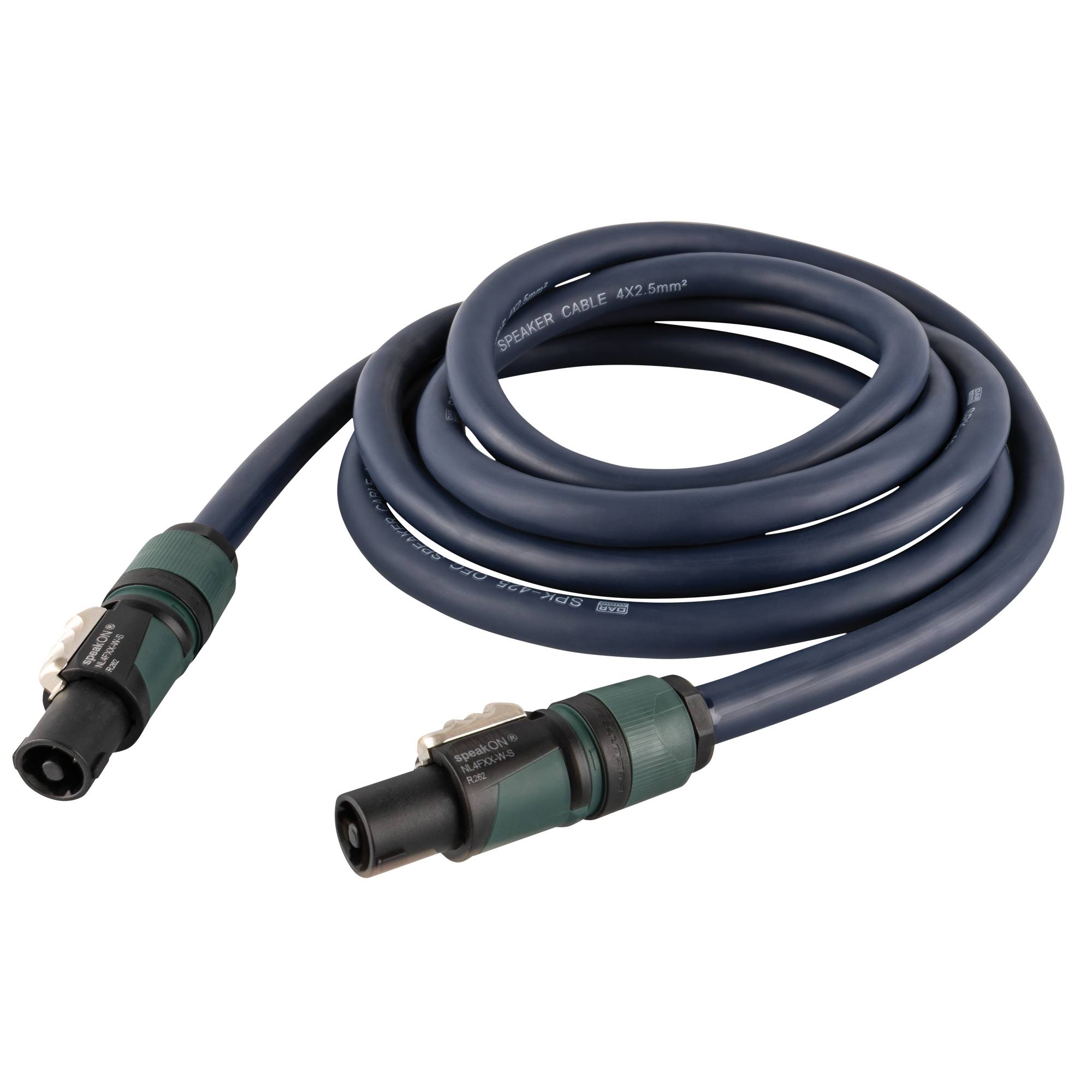 Ein gewickeltes blaues Audiokabel mit schwarzen Steckern an jedem Ende, das für den Einsatz in professioneller Soundausrüstung entwickelt wurde.