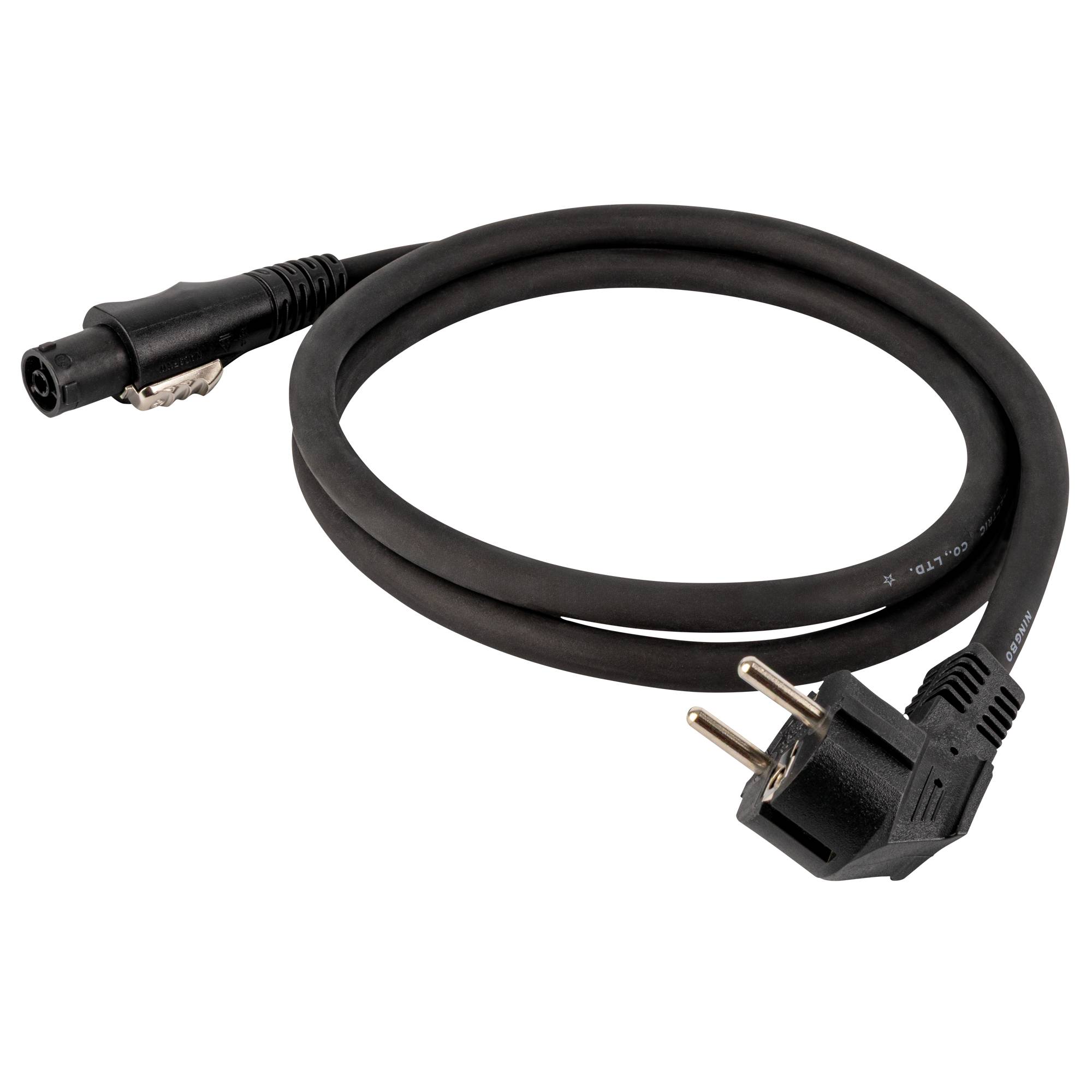 Ein runder schwarzer Netzkabel mit zweiadrigem Stecker und einem gewickelten Mittelteil, isoliert vor einem schwarzen Hintergrund.