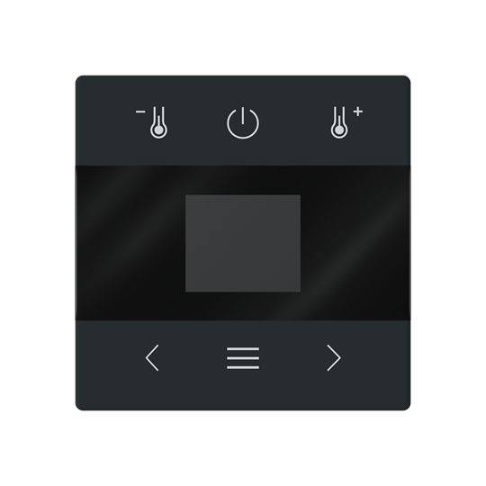 Minimalistisches schwarzes Bedienfeld mit zentralem quadratischem Display, Netztaste, Temperatur-Auf/Ab-Symbolen und Links/Rechts-Navigationspfeilen.