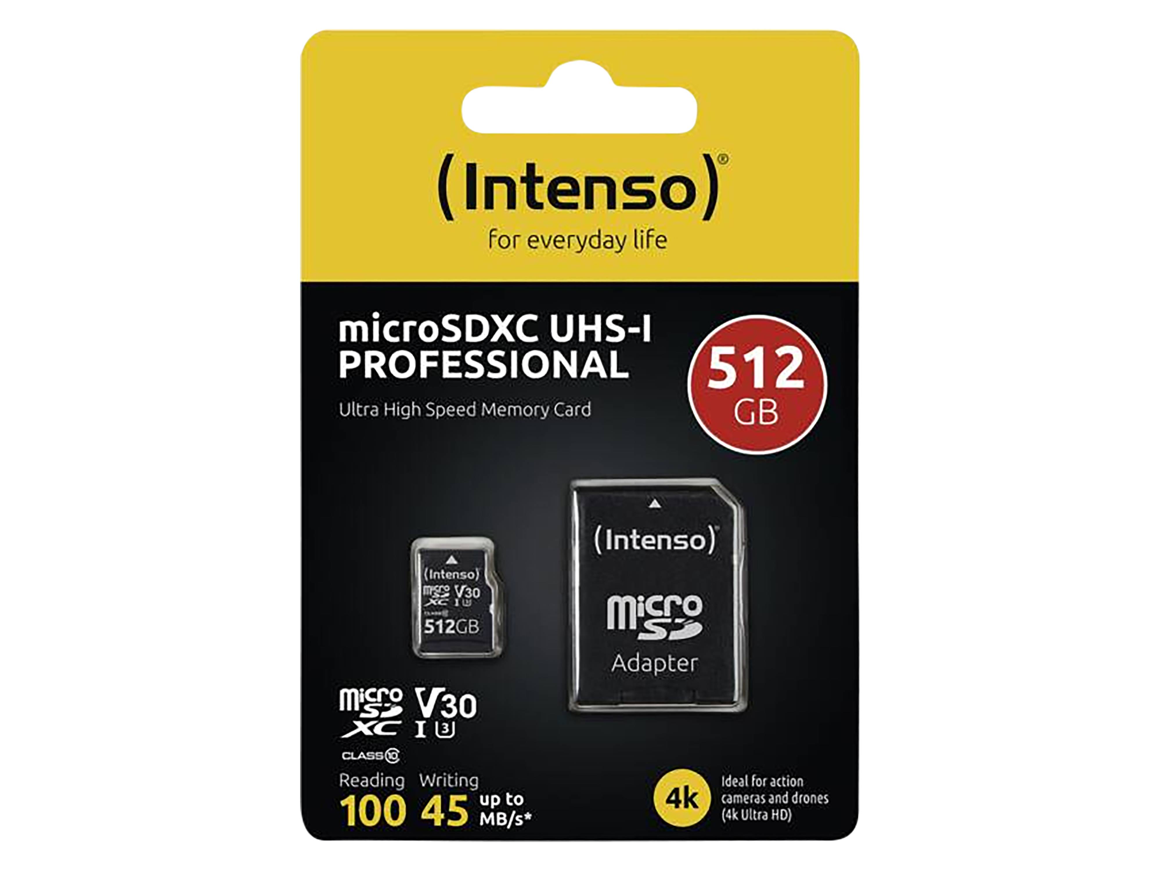Verpackung der Intenso microSDXC UHS-I Professional Speicherkarte, 512 GB Kapazität, mit einer 4K Ultra-HD Geschwindigkeit von bis zu 100 MB/s.
