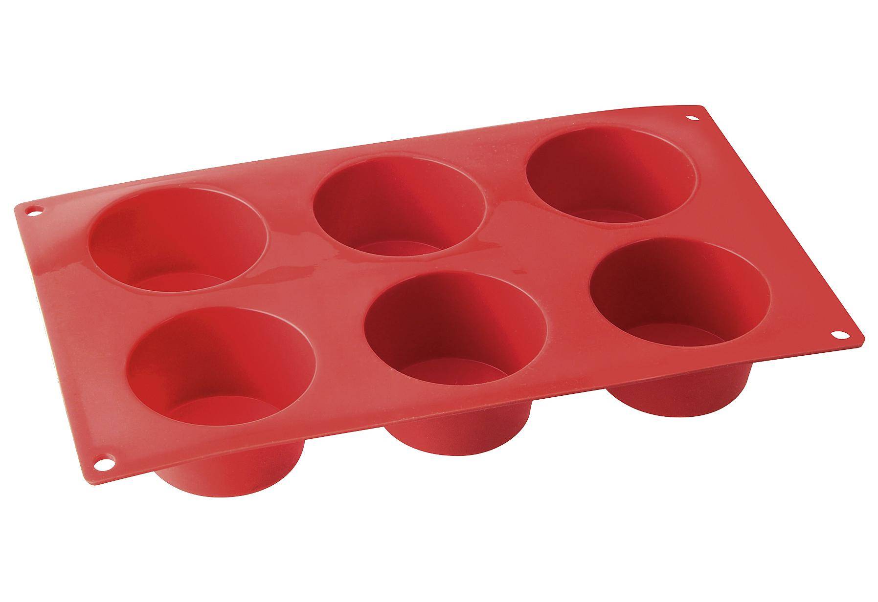 Rote Silikon-Muffinform mit sechs Mulden gezeigt.