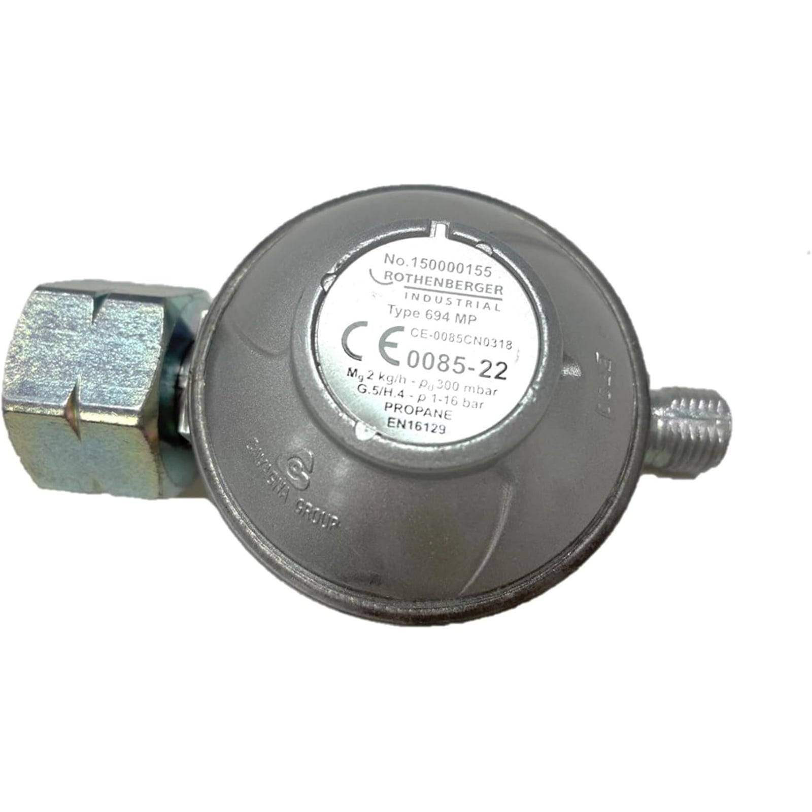 Ein rundes metallisches Industriegerät mit der Bezeichnung 'ROTHENBERGER Typ 1934 MP' mit technischen Details, höchstwahrscheinlich ein Regler zur Gasdruckverwaltung.