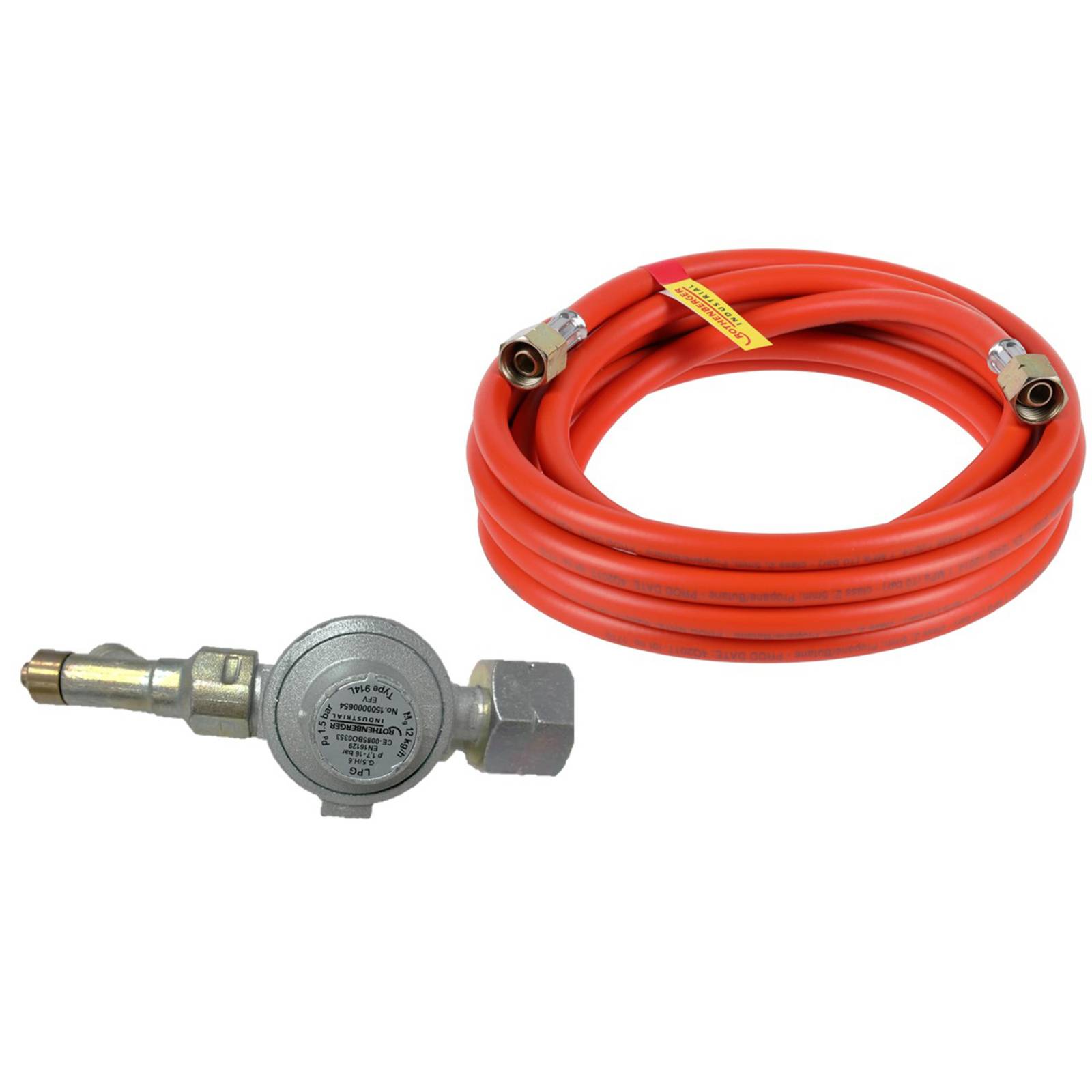 Ein Propan-Regler mit Manometer, Anschluss und rotem Schlauch für Gasgeräte, entwickelt für sicheren und effizienten Gasfluss.