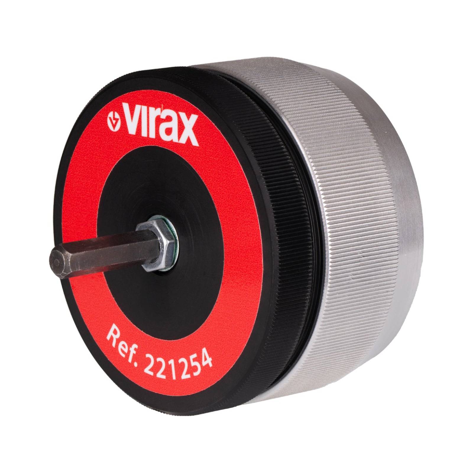 Rote und silberne Virax Rohrabschneider, Referenz 221254, mit einem Metallschaft, der aus der Mitte herausragt.