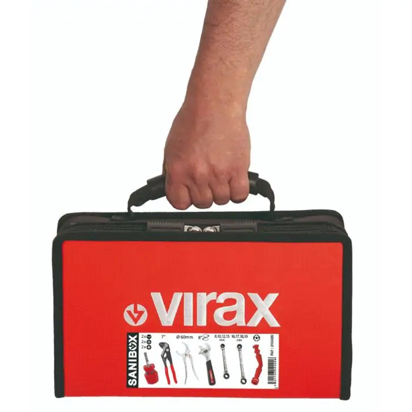 Eine Hand, die einen roten Werkzeugkasten mit dem Logo „virax