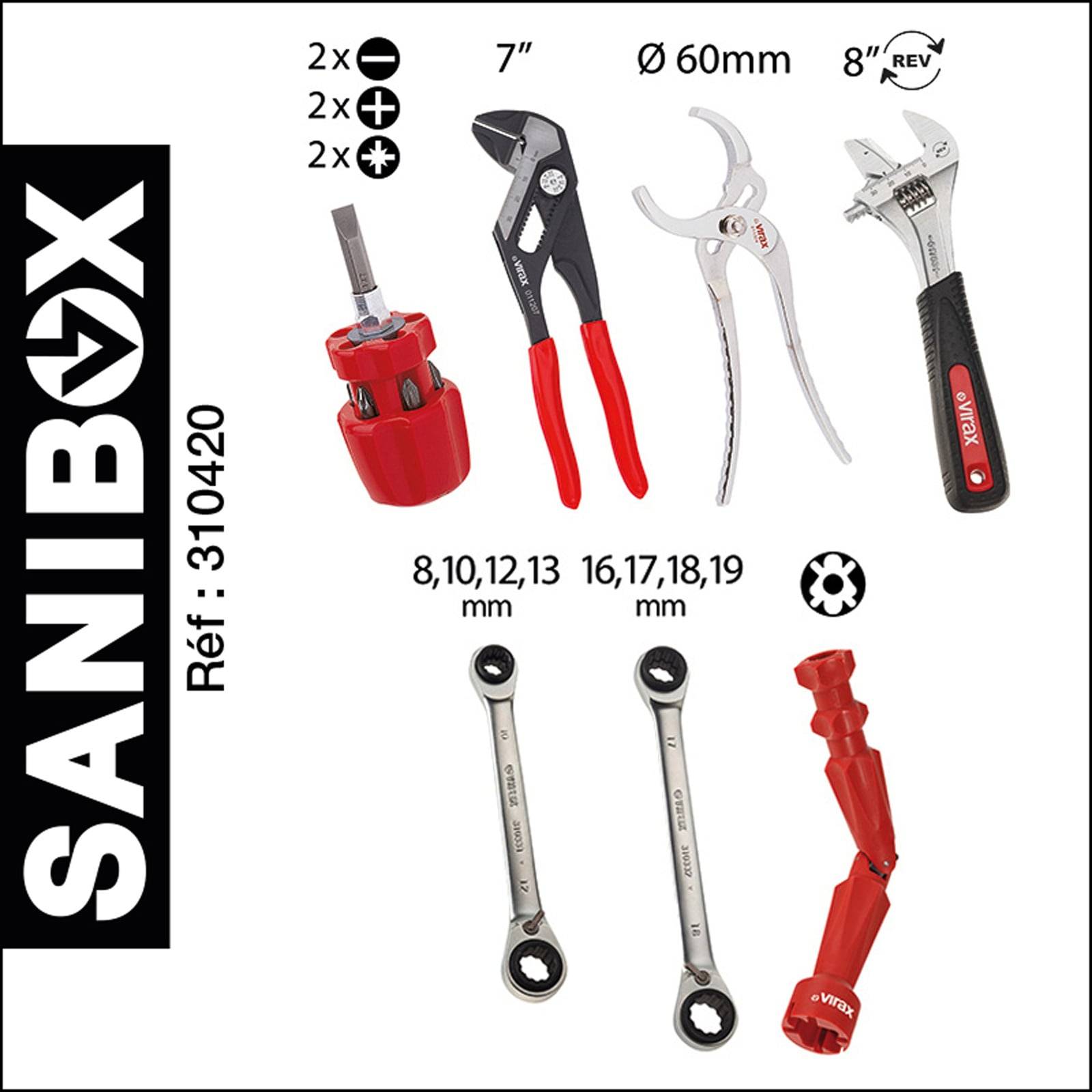 SANIBOX Ref: 310420' Werkzeugset-Bild. Enthält Zange, zwei Schraubschlüssel (8-19 mm Größen), verstellbaren Schraubenschlüssel, Rohrzange und zwei Schraubendreher.